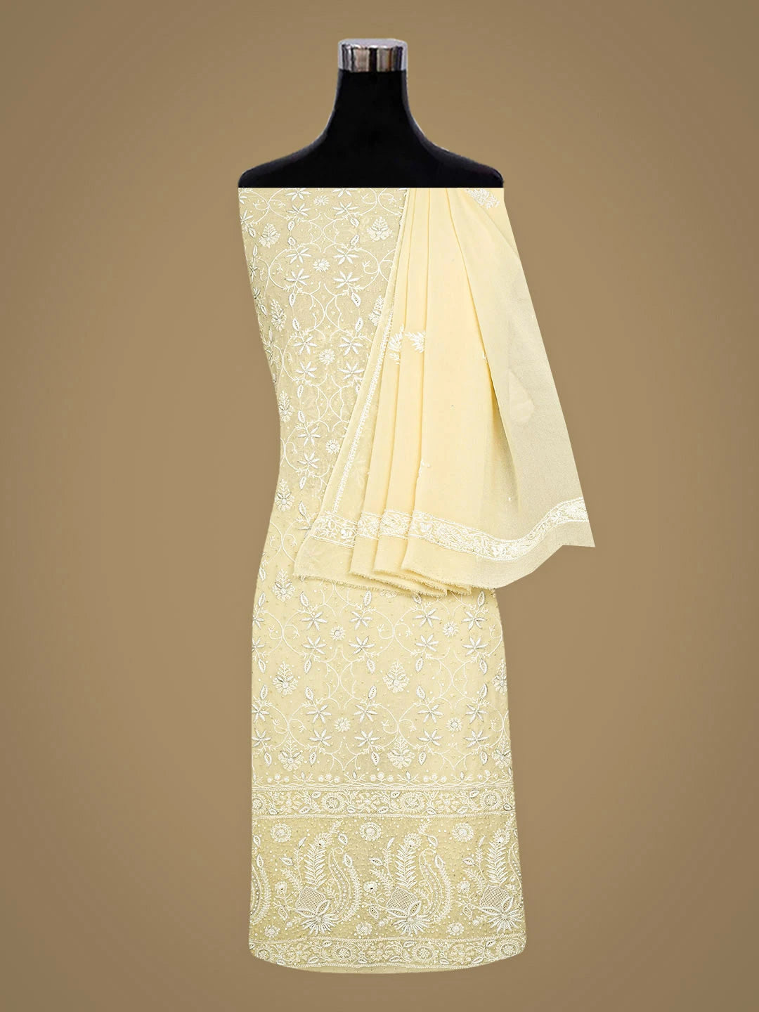 Ada Hand Embroidered Beige Pure Georgette Lucknowi Chikankari Unstitched Kurta Dupatta Set With Sequinned Work 01A726313