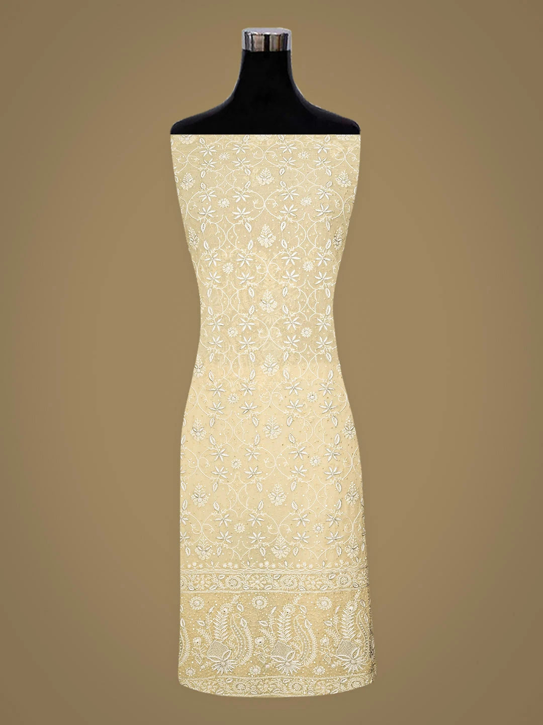 Ada Hand Embroidered Beige Pure Georgette Lucknowi Chikankari Unstitched Kurta Dupatta Set With Sequinned Work 01A726313