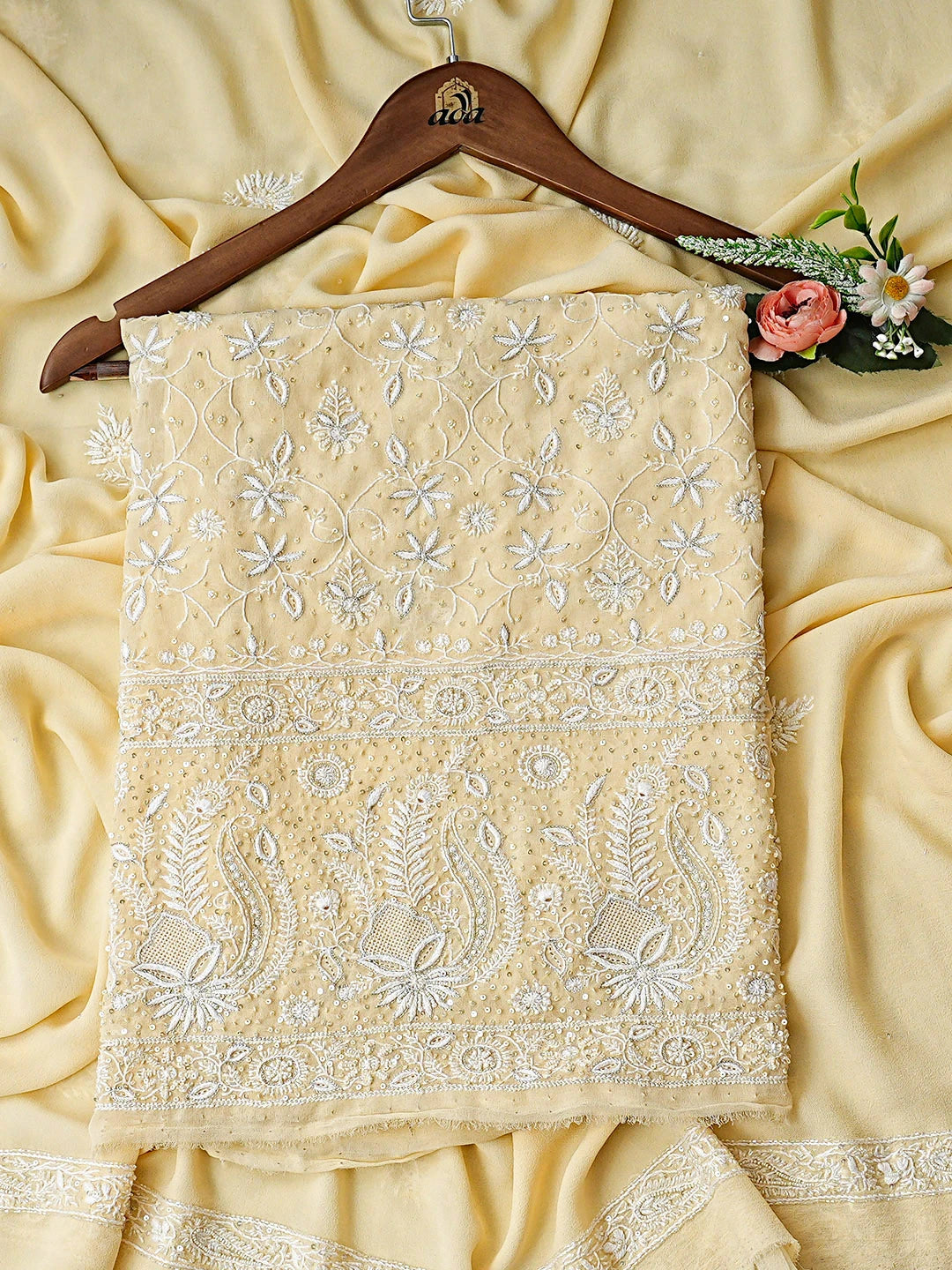 Ada Hand Embroidered Beige Pure Georgette Lucknowi Chikankari Unstitched Kurta Dupatta Set With Sequinned Work 01A726313