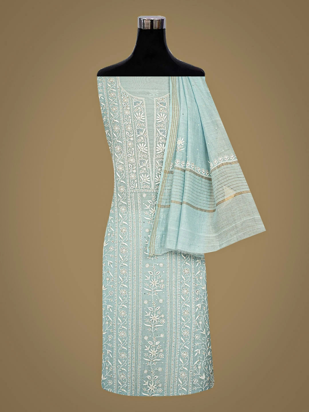 Ada Hand Embroidered Steel Blue Chanderi Lucknowi Chikankari Unstitched Kurta Dupatta Set With Sequinned Work 01A908344