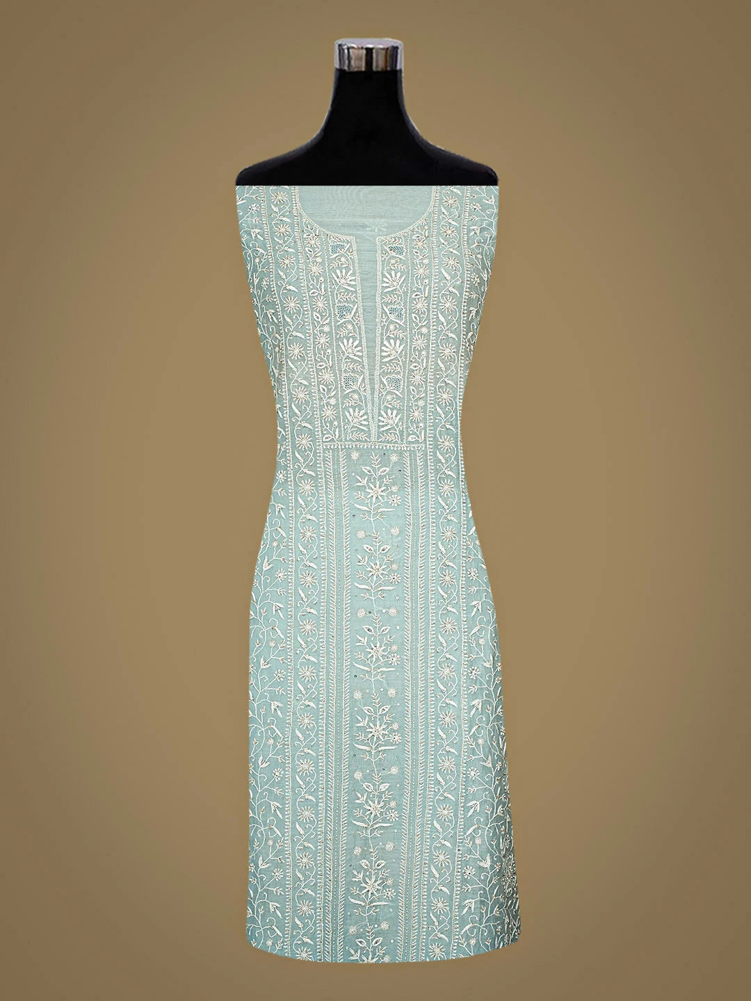 Ada Hand Embroidered Steel Blue Chanderi Lucknowi Chikankari Unstitched Kurta Dupatta Set With Sequinned Work 01A908344