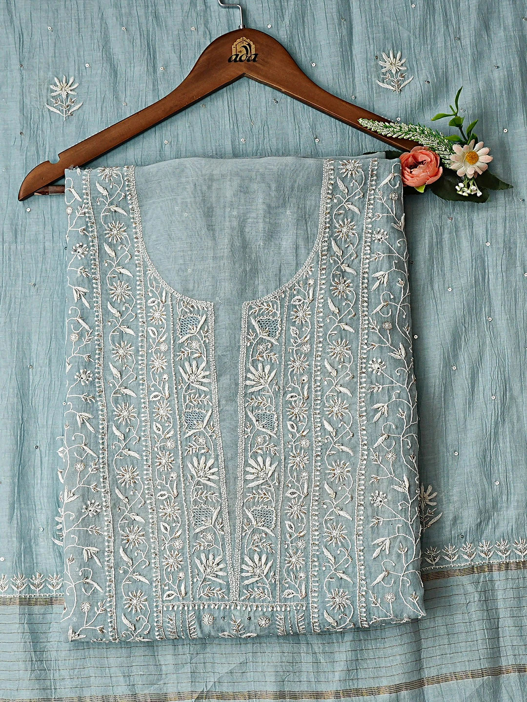 Ada Hand Embroidered Steel Blue Chanderi Lucknowi Chikankari Unstitched Kurta Dupatta Set With Sequinned Work 01A908344