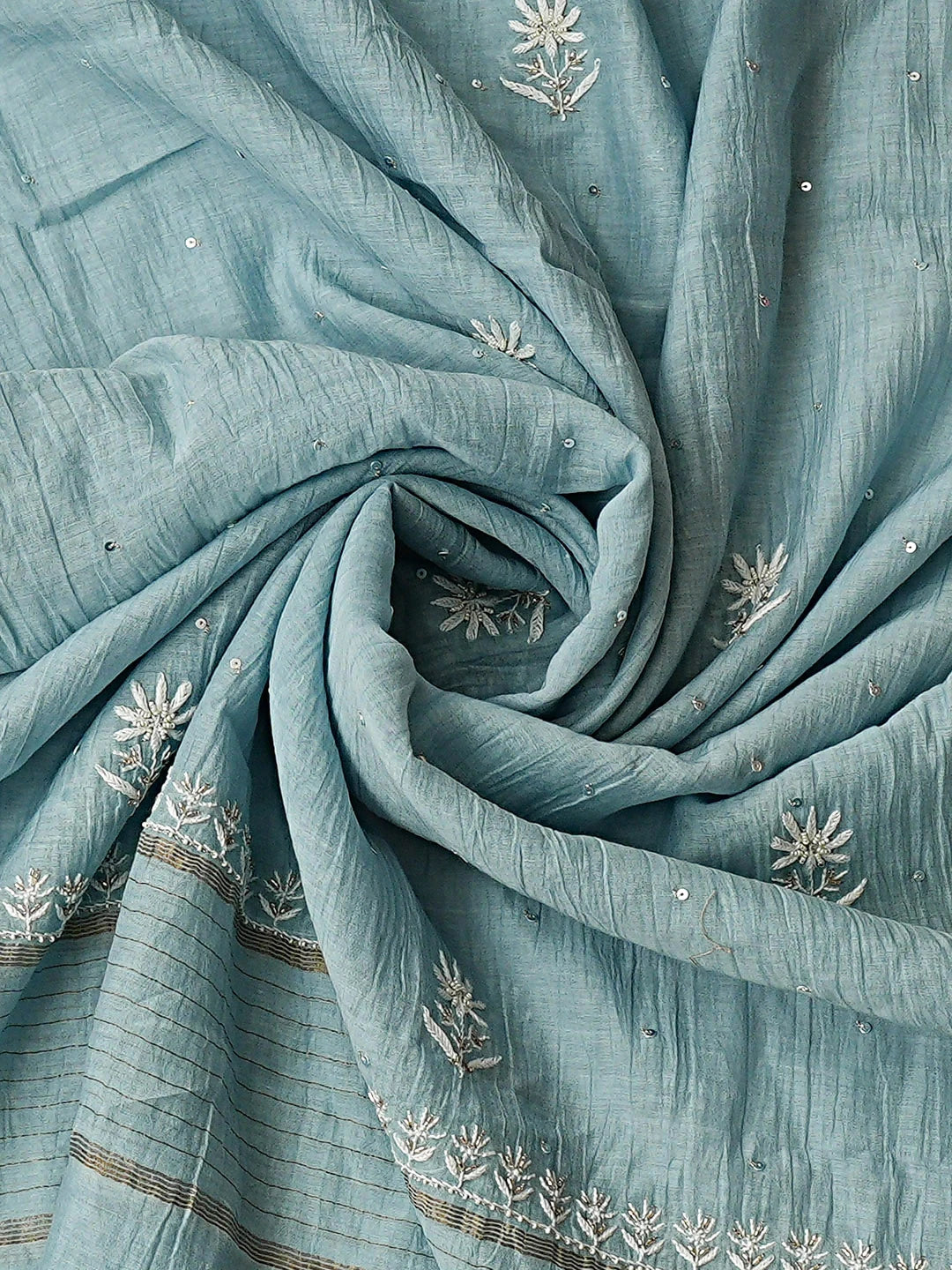 Ada Hand Embroidered Steel Blue Chanderi Lucknowi Chikankari Unstitched Kurta Dupatta Set With Sequinned Work 01A908344