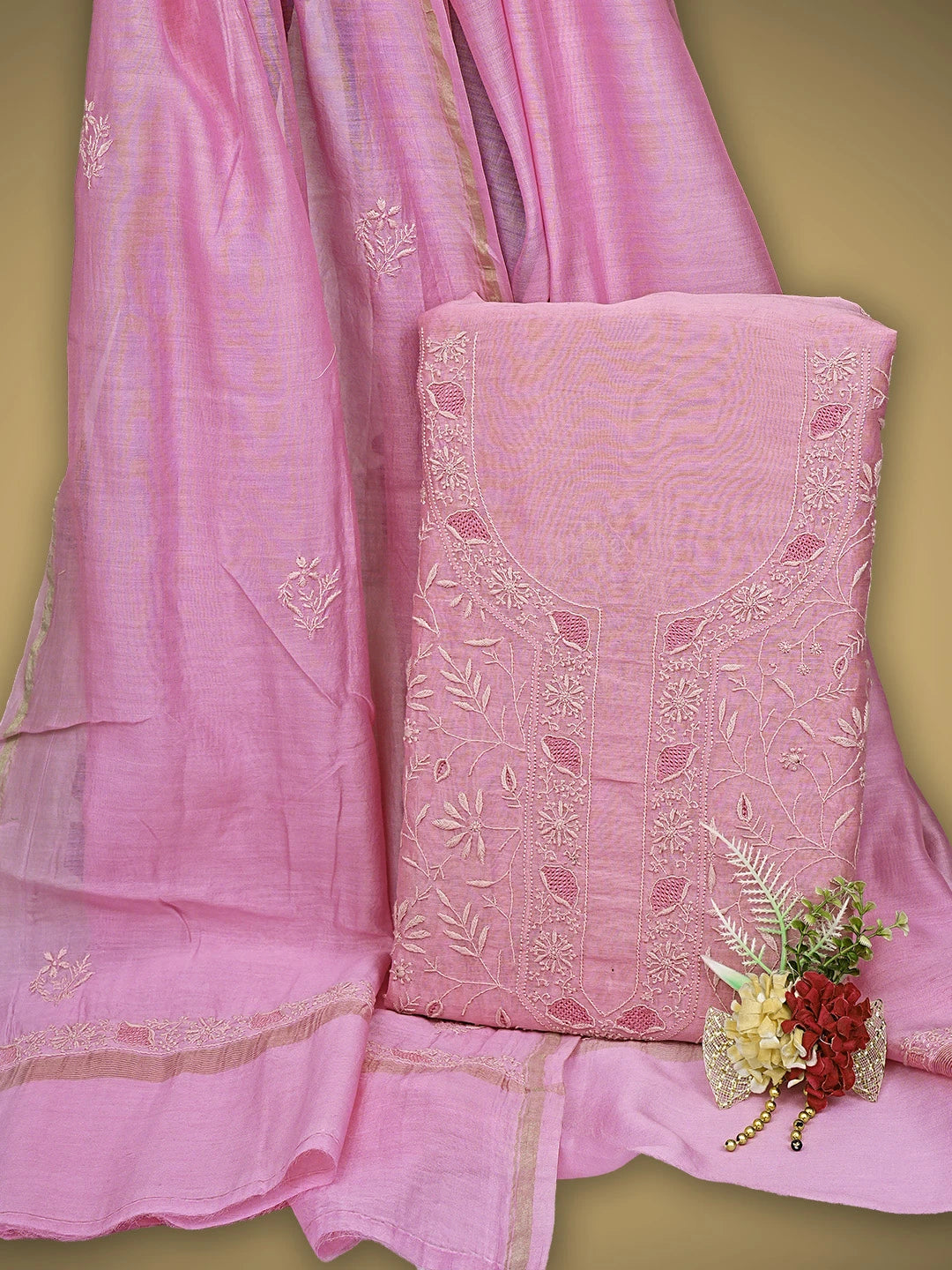 Ada Hand Embroidered Pink Chanderi Lucknowi Chikankari Unstitched Kurta Dupatta Set 01A900653