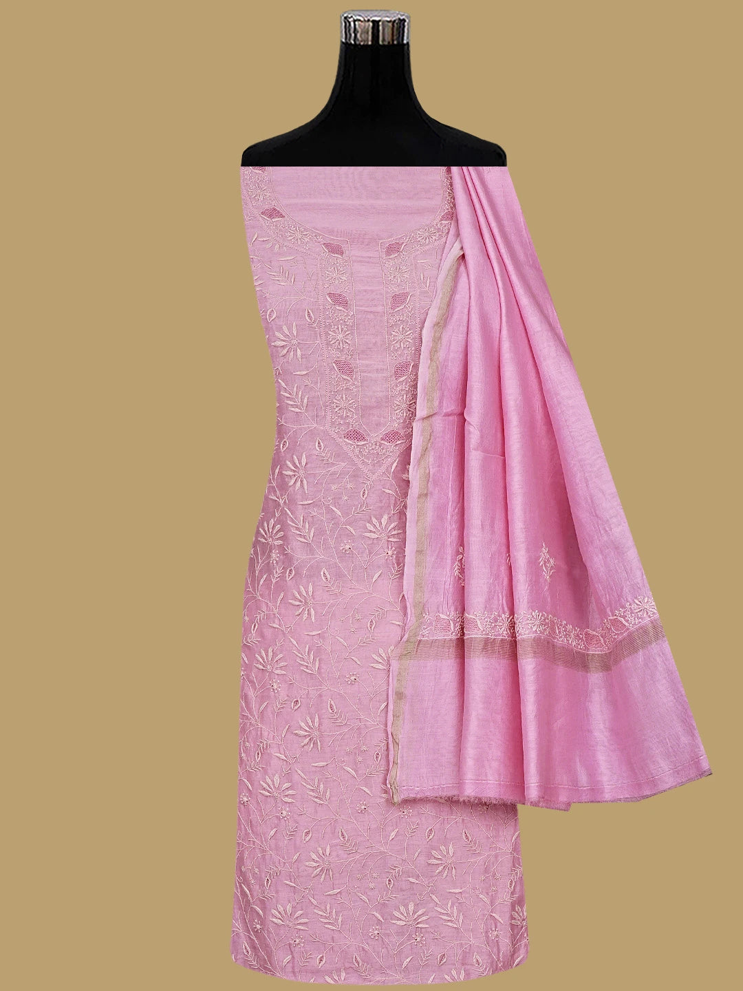 Ada Hand Embroidered Pink Chanderi Lucknowi Chikankari Unstitched Kurta Dupatta Set 01A900653