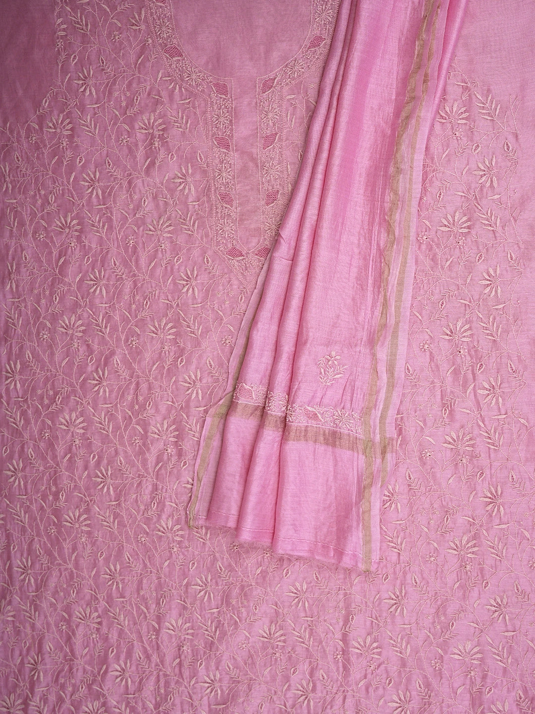 Ada Hand Embroidered Pink Chanderi Lucknowi Chikankari Unstitched Kurta Dupatta Set 01A900653