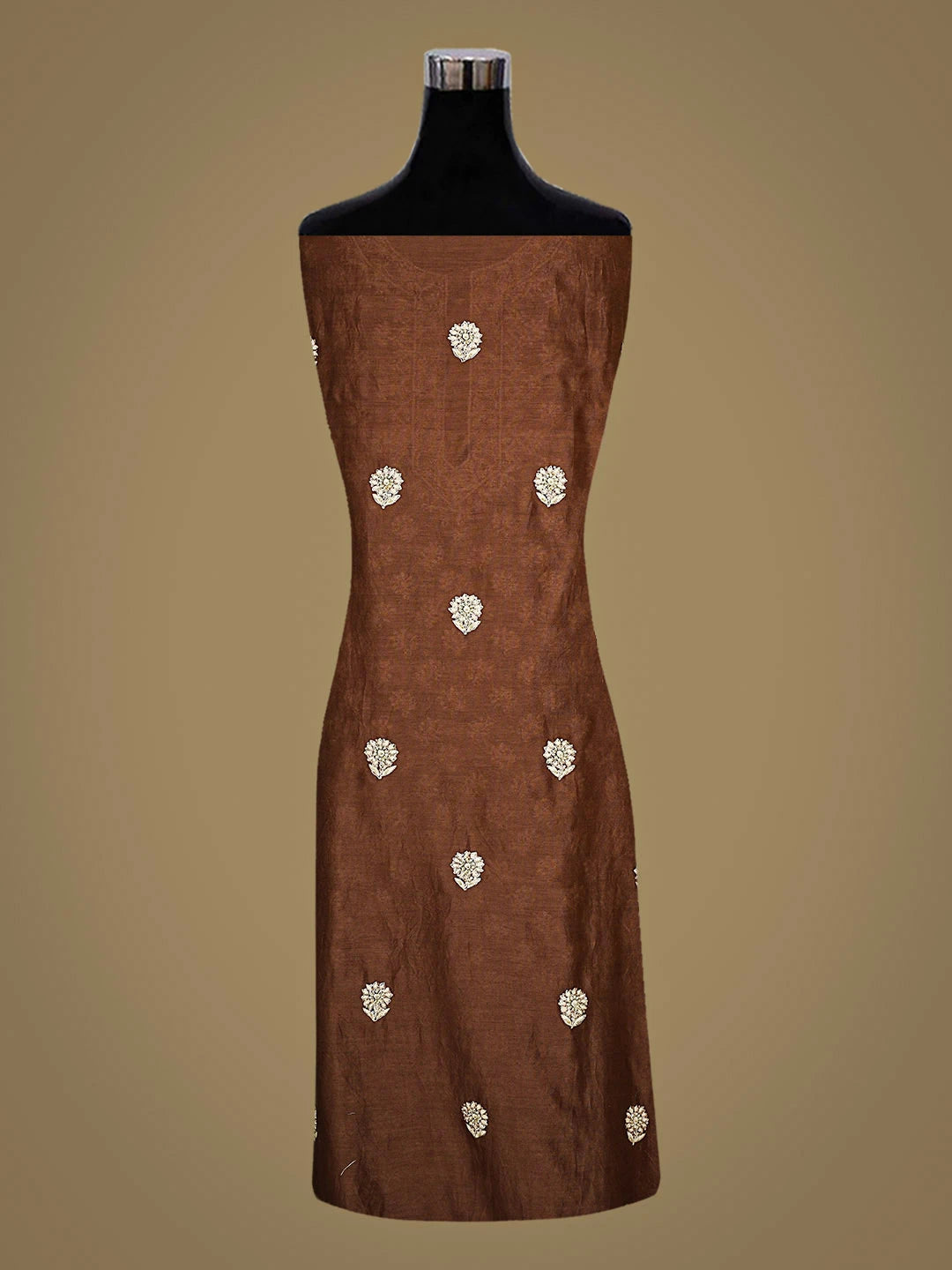 Ada Hand Embroidered Brown Chanderi Lucknowi Chikankari Unstitched Kurta Dupatta Set With Sequinned Work 01A705041