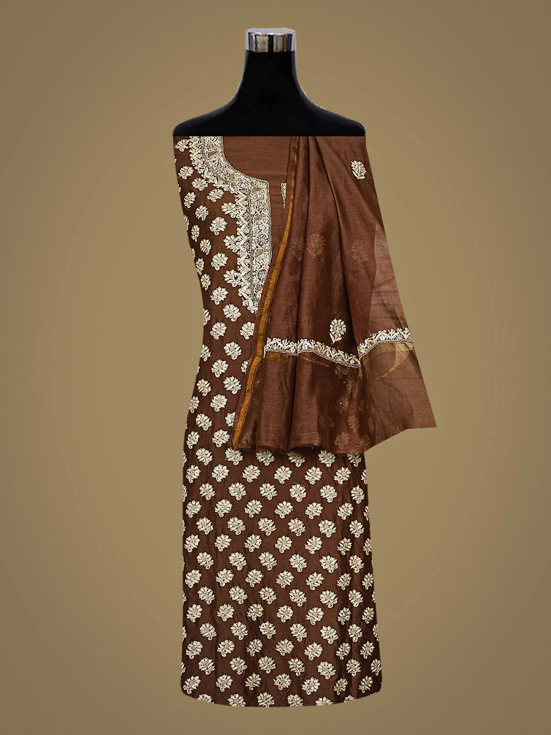 Ada Hand Embroidered Brown Chanderi Lucknowi Chikankari Unstitched Kurta Dupatta Set With Sequinned Work 01A705041