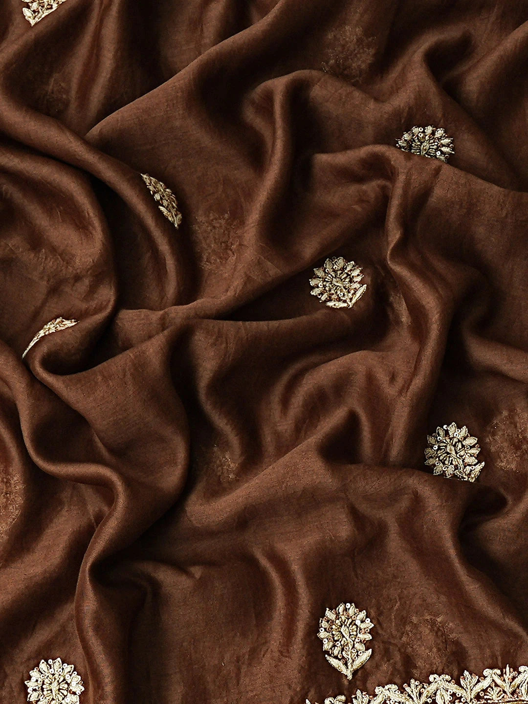 Ada Hand Embroidered Brown Chanderi Lucknowi Chikankari Unstitched Kurta Dupatta Set With Sequinned Work 01A705041