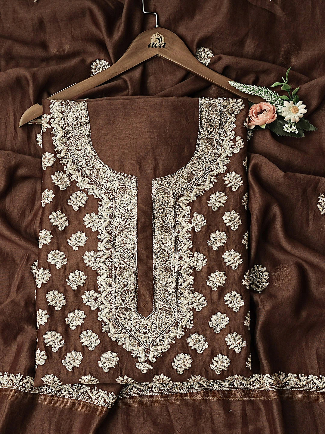 Ada Hand Embroidered Brown Chanderi Lucknowi Chikankari Unstitched Kurta Dupatta Set With Sequinned Work 01A705041