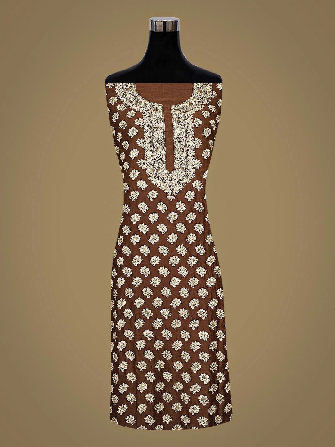 Ada Hand Embroidered Brown Chanderi Lucknowi Chikankari Unstitched Kurta Dupatta Set With Sequinned Work 01A705041