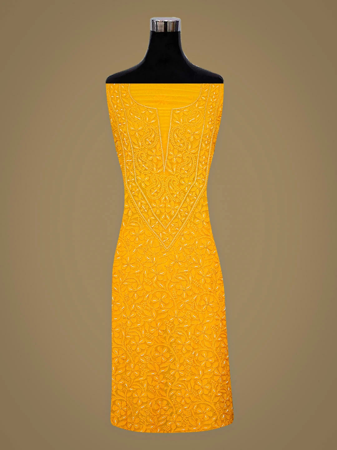 Ada Hand Embroidered Mustard Viscose Georgette Lucknowi Chikankari Unstitched Kurta Dupatta Set With Pearl Work 01A893846