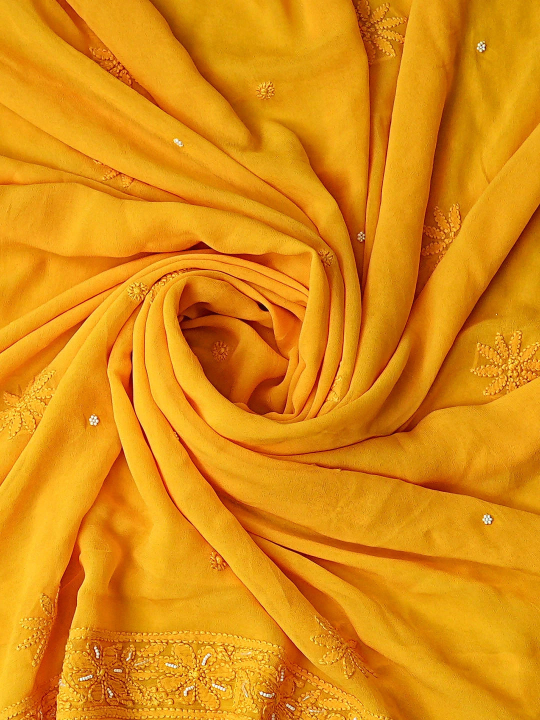 Ada Hand Embroidered Mustard Viscose Georgette Lucknowi Chikankari Unstitched Kurta Dupatta Set With Pearl Work 01A893846