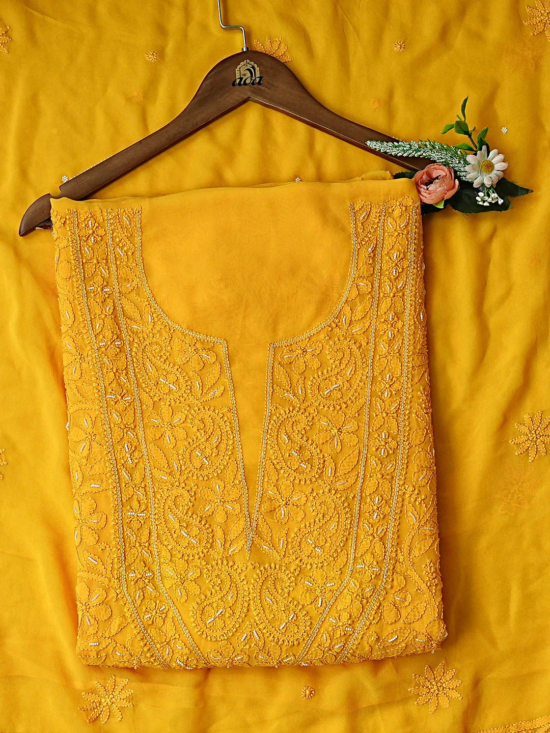 Ada Hand Embroidered Mustard Viscose Georgette Lucknowi Chikankari Unstitched Kurta Dupatta Set With Pearl Work 01A893846