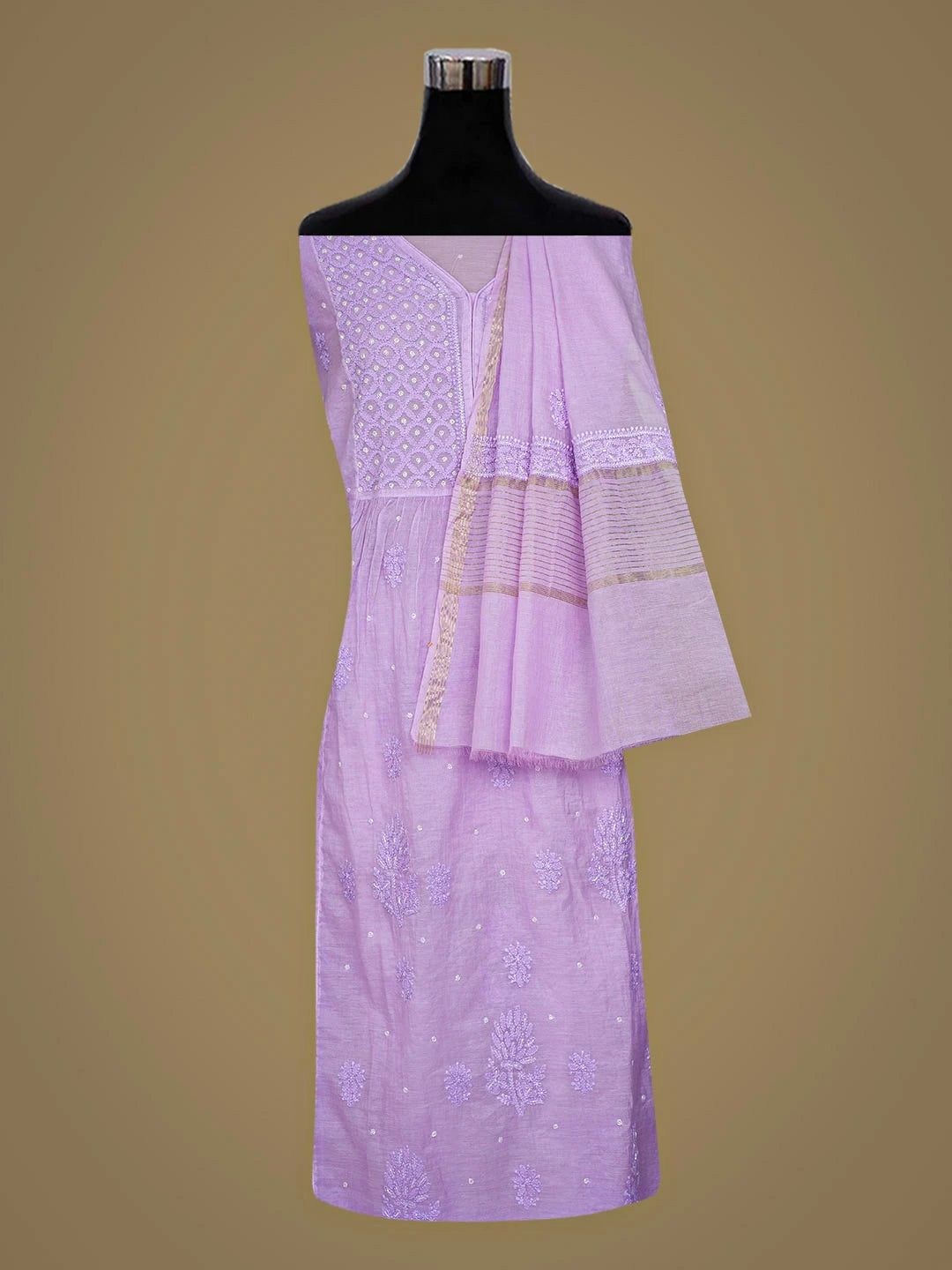 Ada Hand Embroidered Mauve Chanderi Lucknowi Chikankari Semi-Stitched Kurta Dupatta Set With Cutdana Work 01A921759