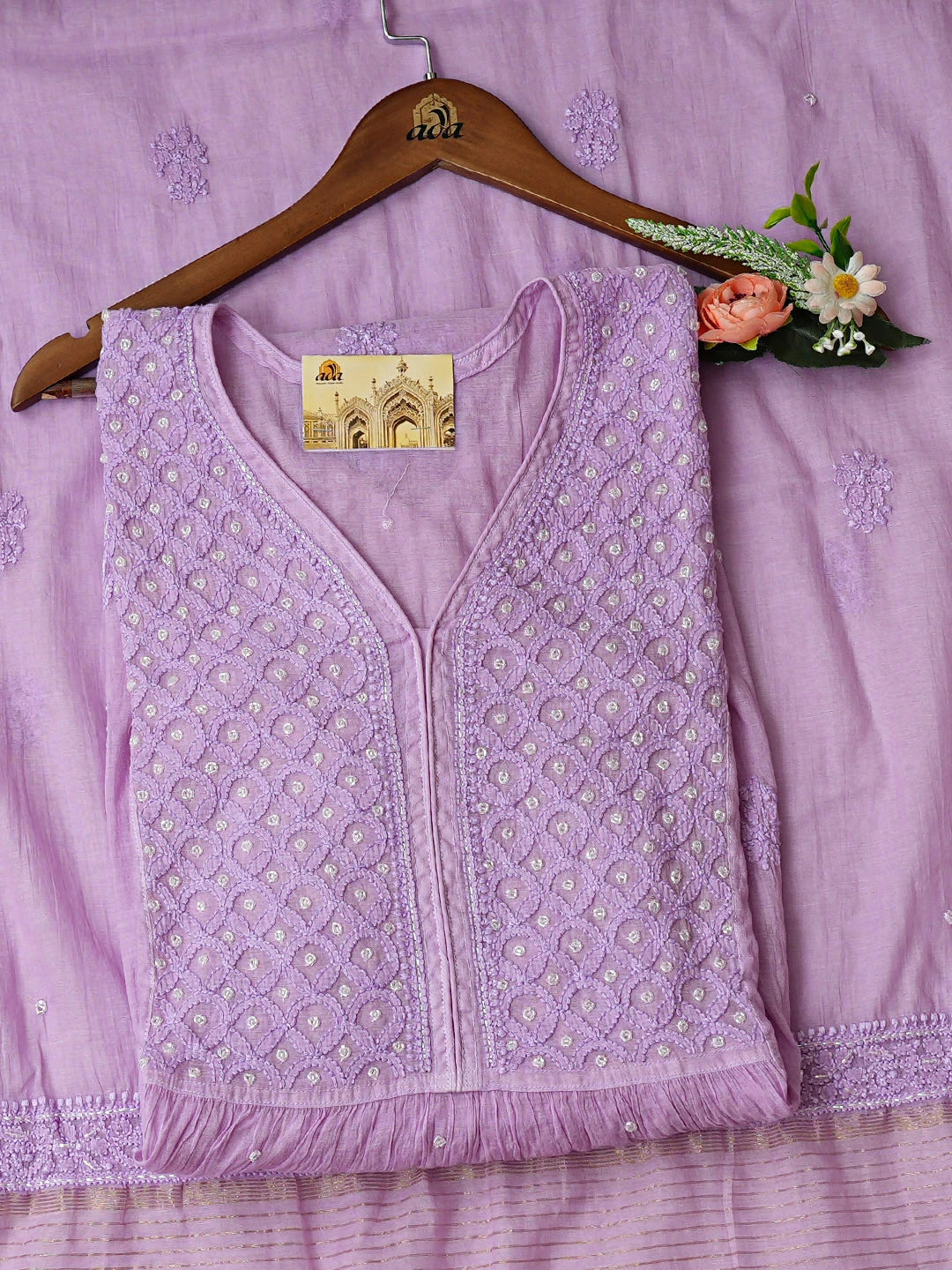 Ada Hand Embroidered Mauve Chanderi Lucknowi Chikankari Semi-Stitched Kurta Dupatta Set With Cutdana Work 01A921759