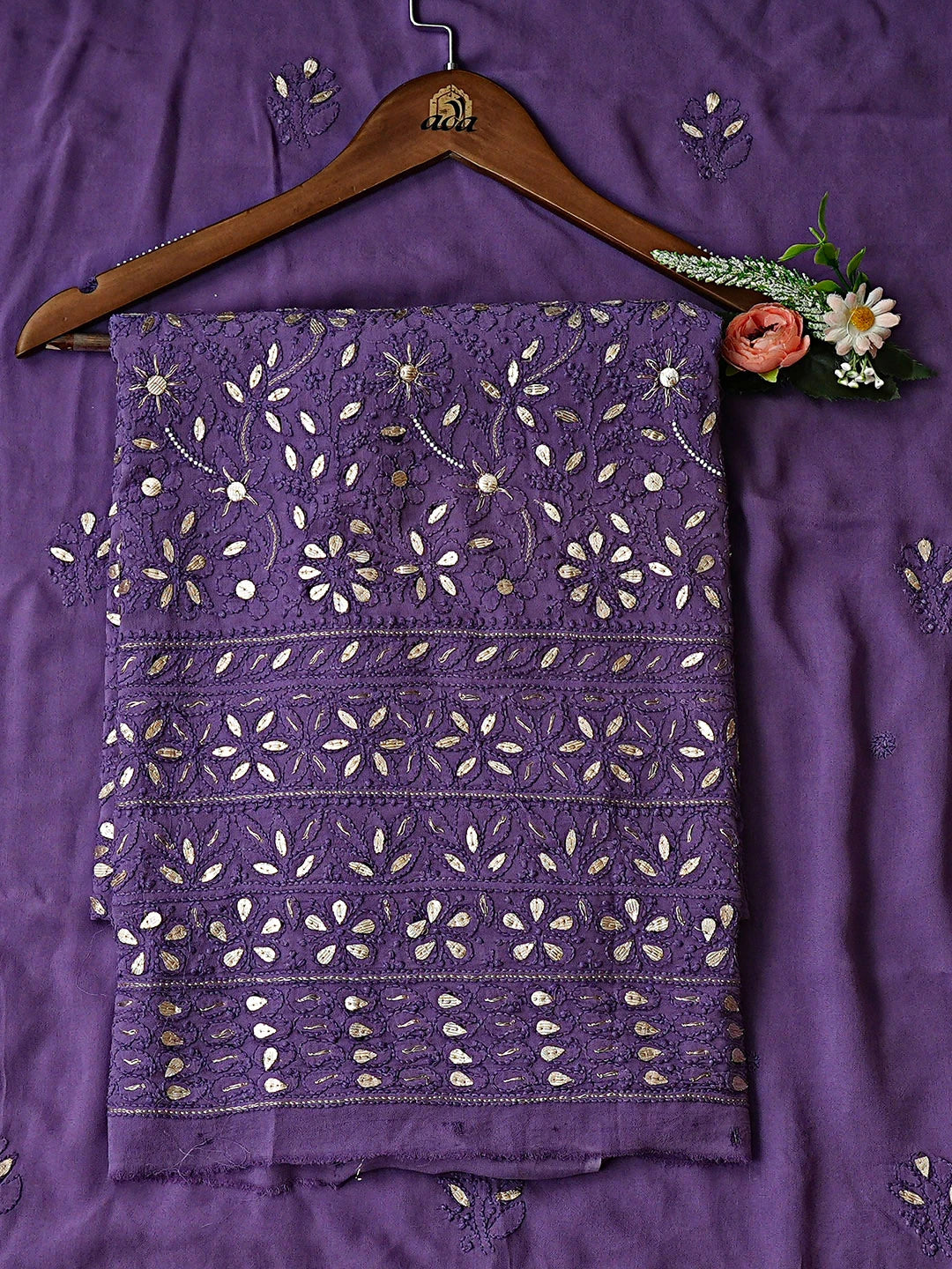 Ada Hand Embroidered Purple Viscose Georgette Lucknowi Chikankari Unstitched Kurta Dupatta Set With Gota Patti Work 01A893432