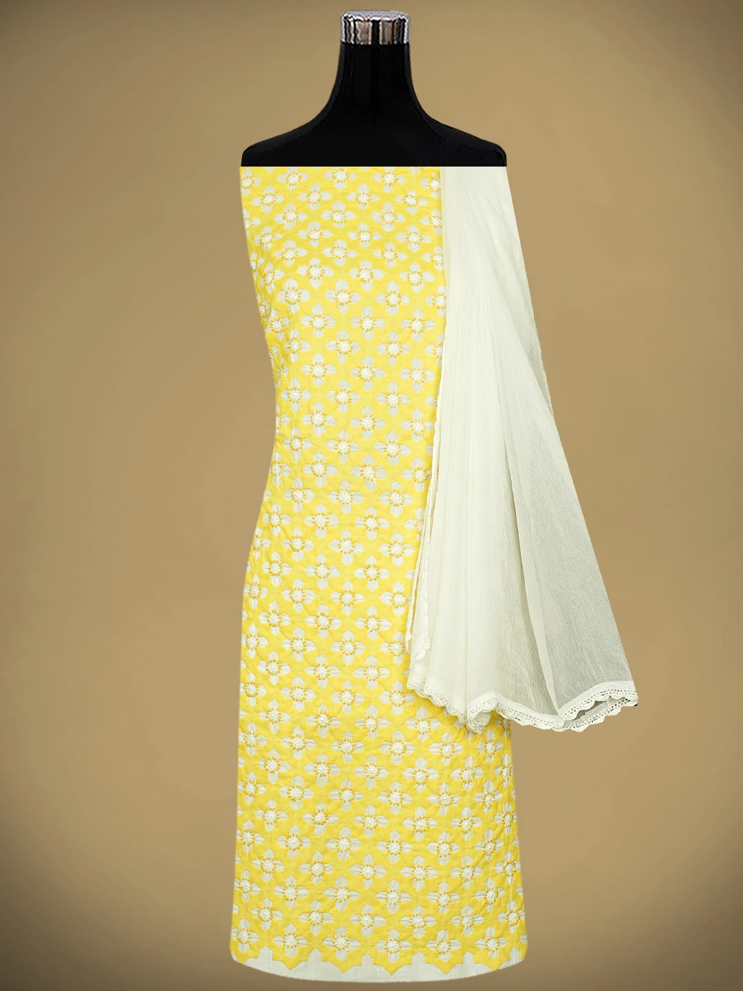 Ada Hand Embroidered White Ivory  Cream Cotton Lucknowi Chikankari Unstitched Suit Piece 01A844706