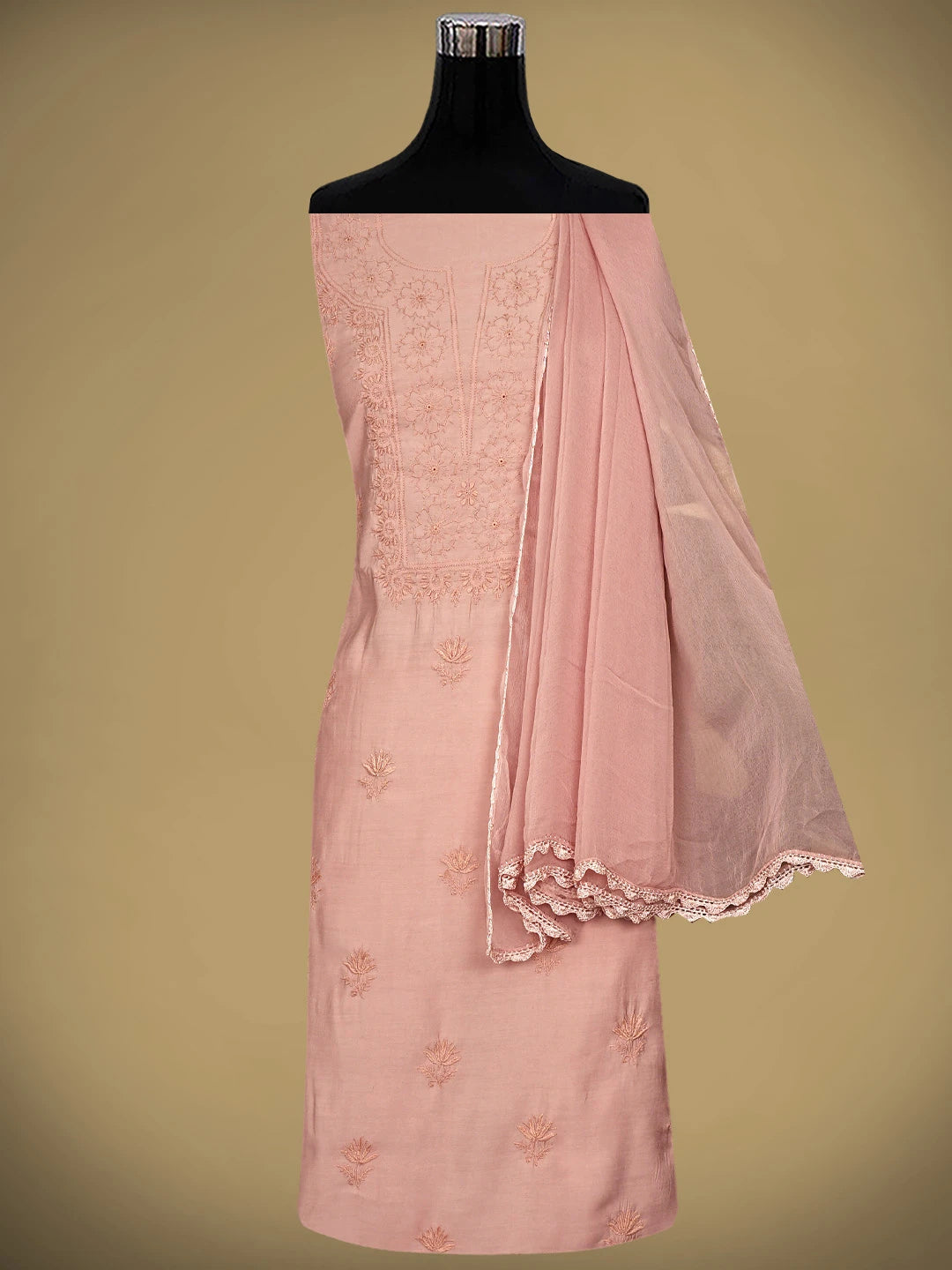 Ada Hand Embroidered Peachy Pink Chanderi Silk Lucknowi Chikankari Unstitched Suit Piece 01A935620