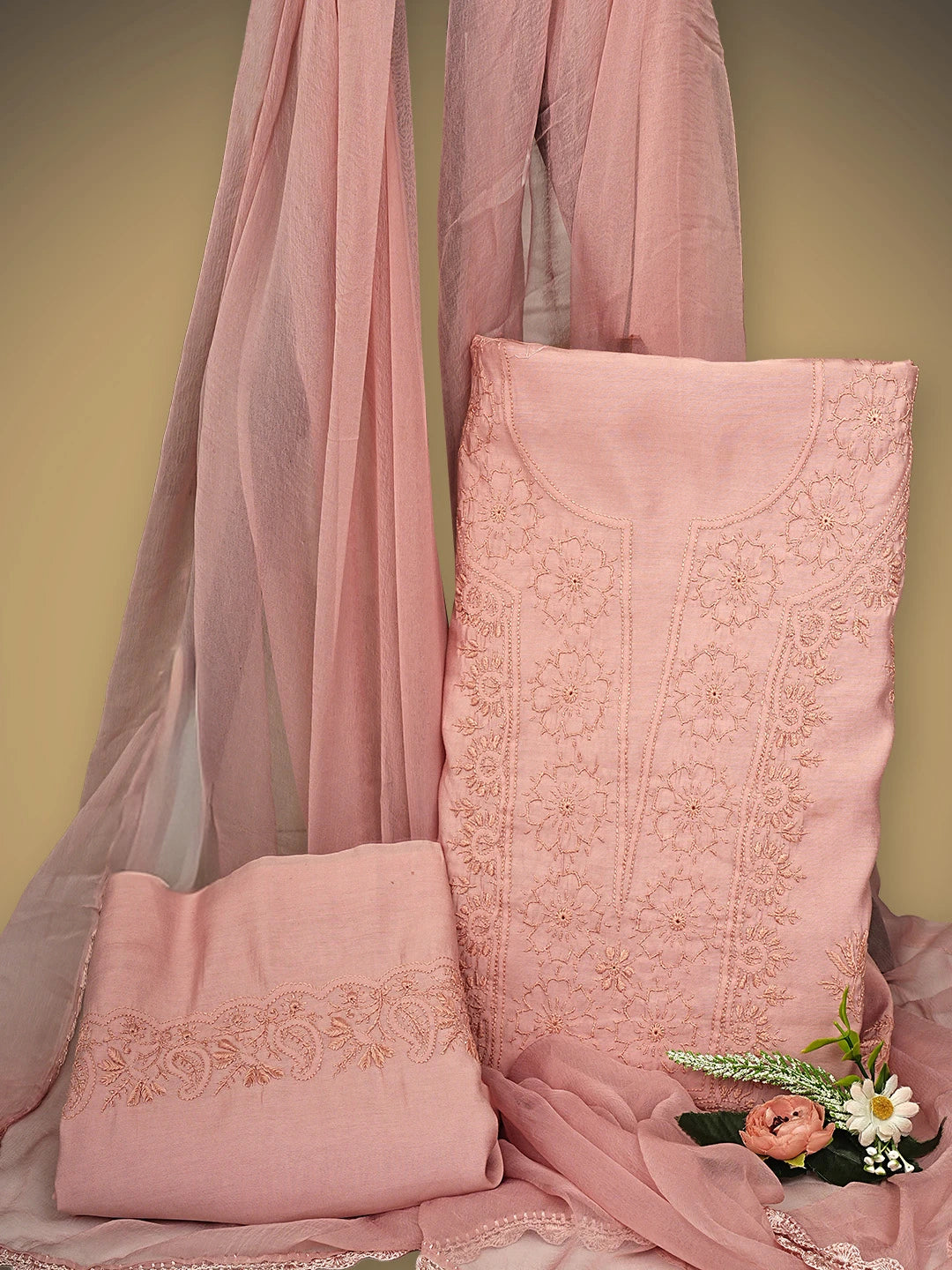 Ada Hand Embroidered Peachy Pink Chanderi Silk Lucknowi Chikankari Unstitched Suit Piece 01A935620