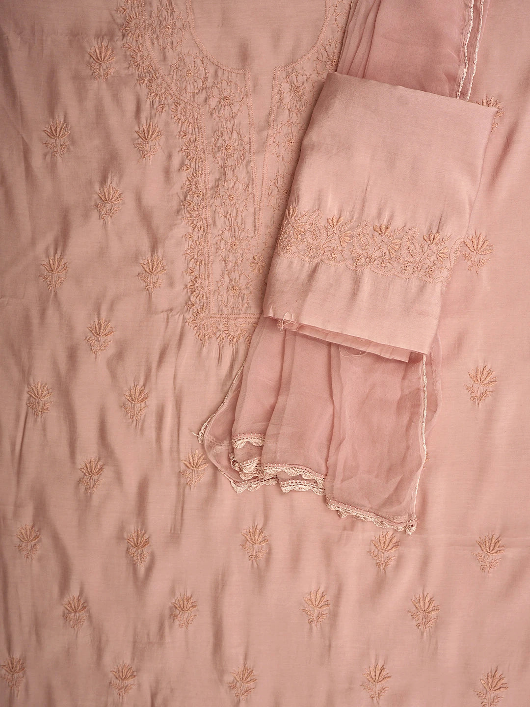 Ada Hand Embroidered Peachy Pink Chanderi Silk Lucknowi Chikankari Unstitched Suit Piece 01A935620