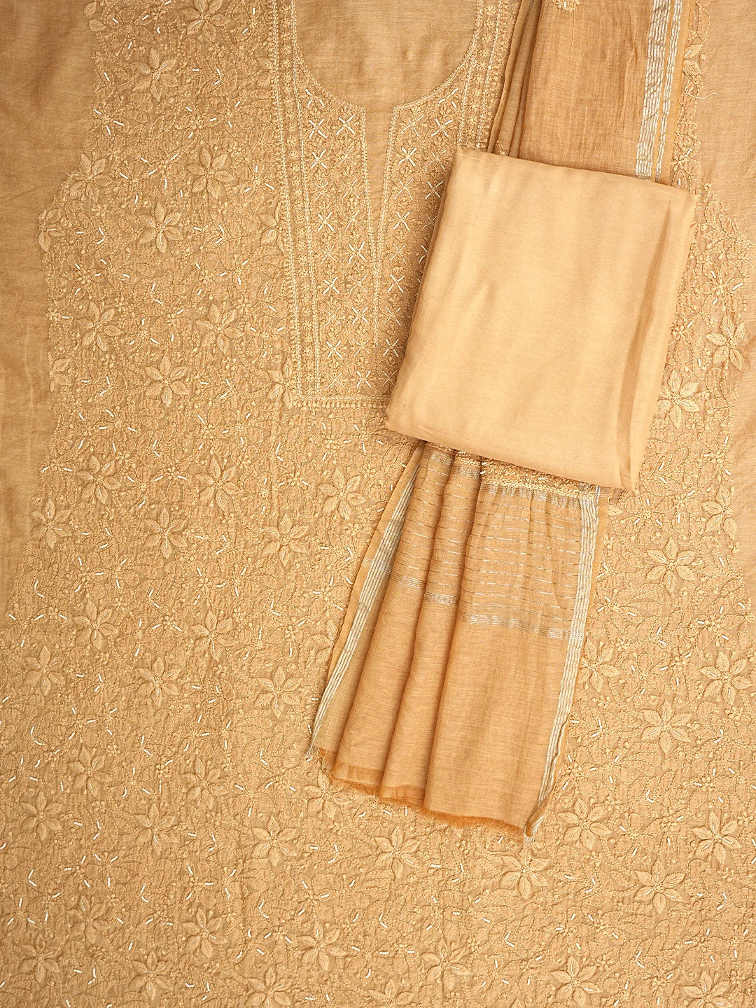 Ada Hand Embroidered Tangerine Dream Orange Chanderi Lucknowi Chikankari Unstitched Suit Piece With Cutdana Work 01A937265