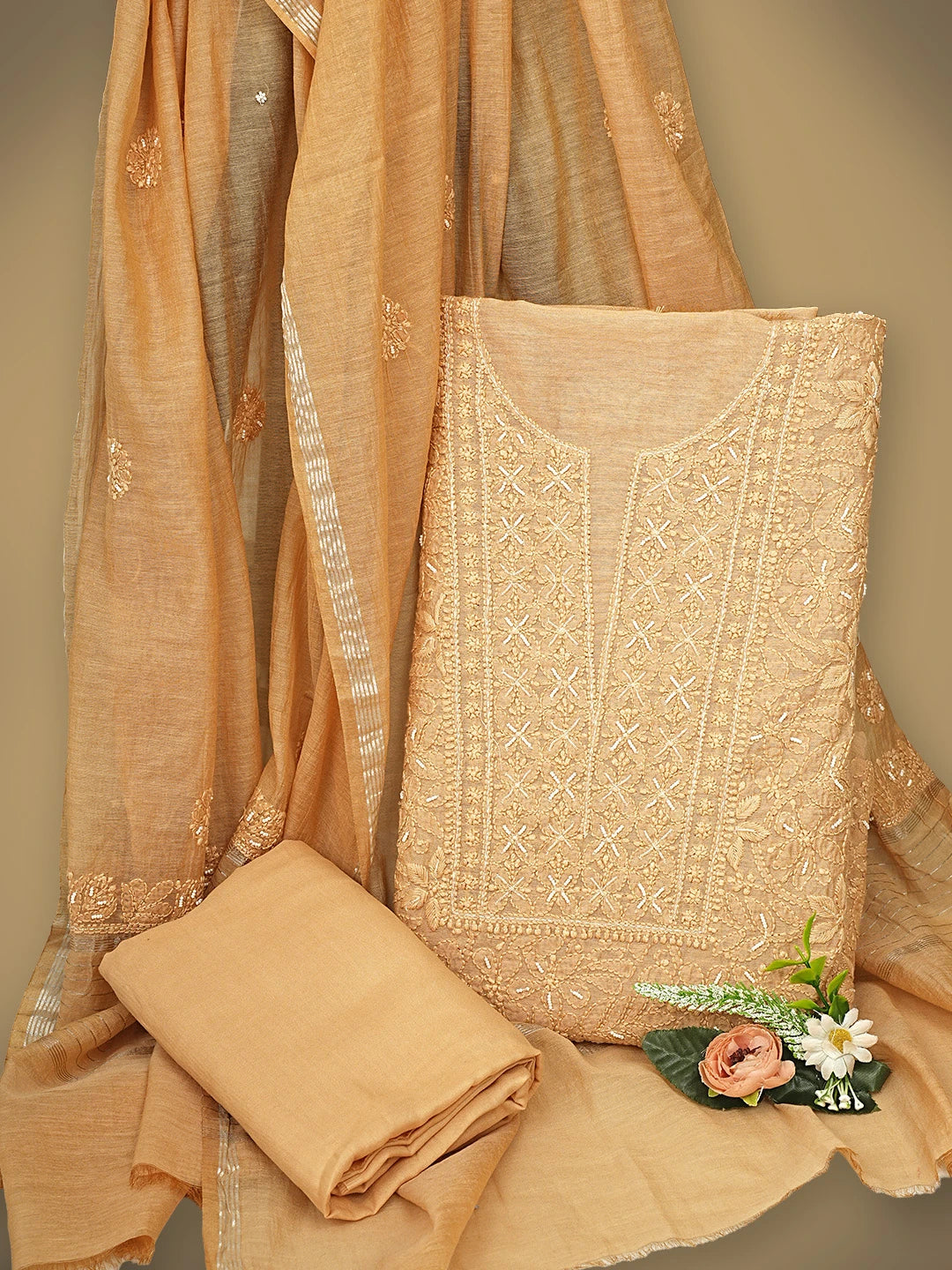 Ada Hand Embroidered Tangerine Dream Orange Chanderi Lucknowi Chikankari Unstitched Suit Piece With Cutdana Work 01A937265