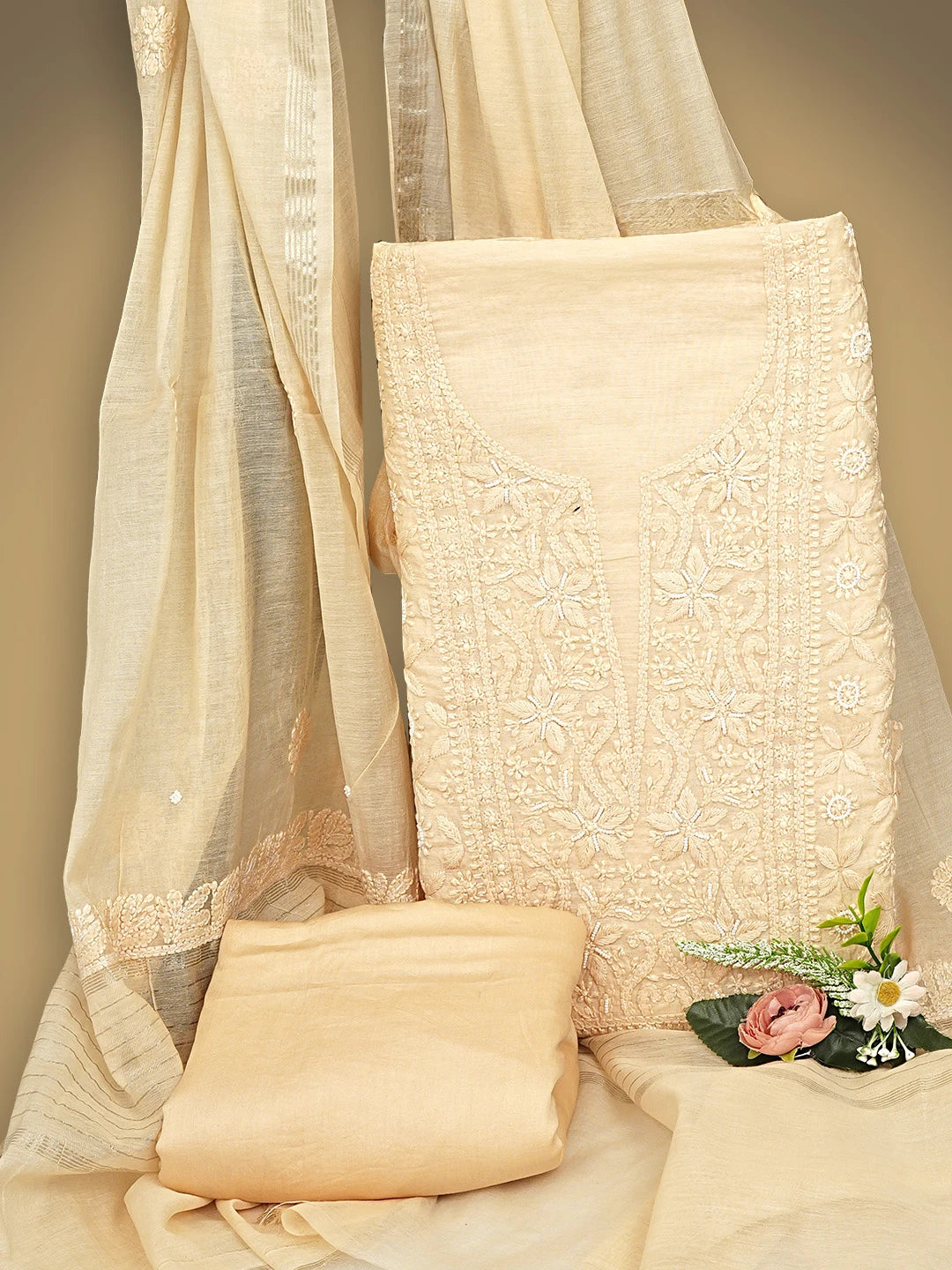 Ada Hand Embroidered Light Peach Chanderi Lucknowi Chikankari Unstitched Suit Piece With Zari Work 01A937271