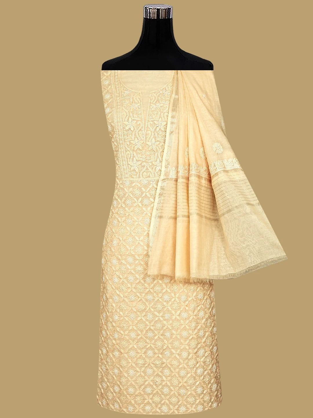 Ada Hand Embroidered Light Peach Chanderi Lucknowi Chikankari Unstitched Suit Piece With Zari Work 01A937271