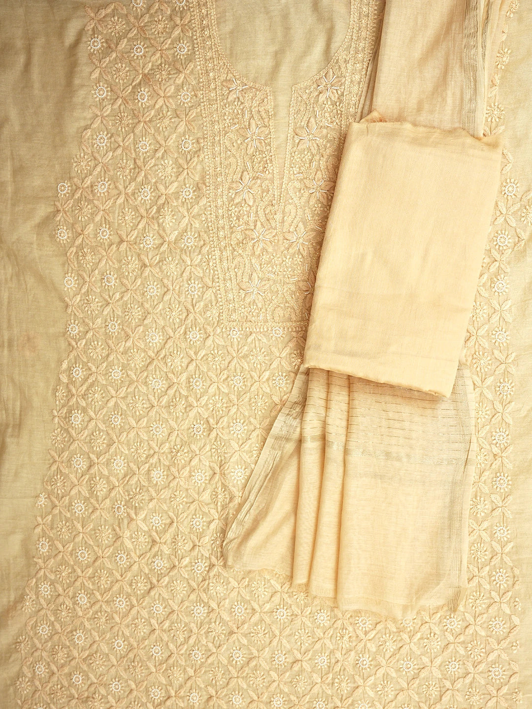 Ada Hand Embroidered Light Peach Chanderi Lucknowi Chikankari Unstitched Suit Piece With Zari Work 01A937271