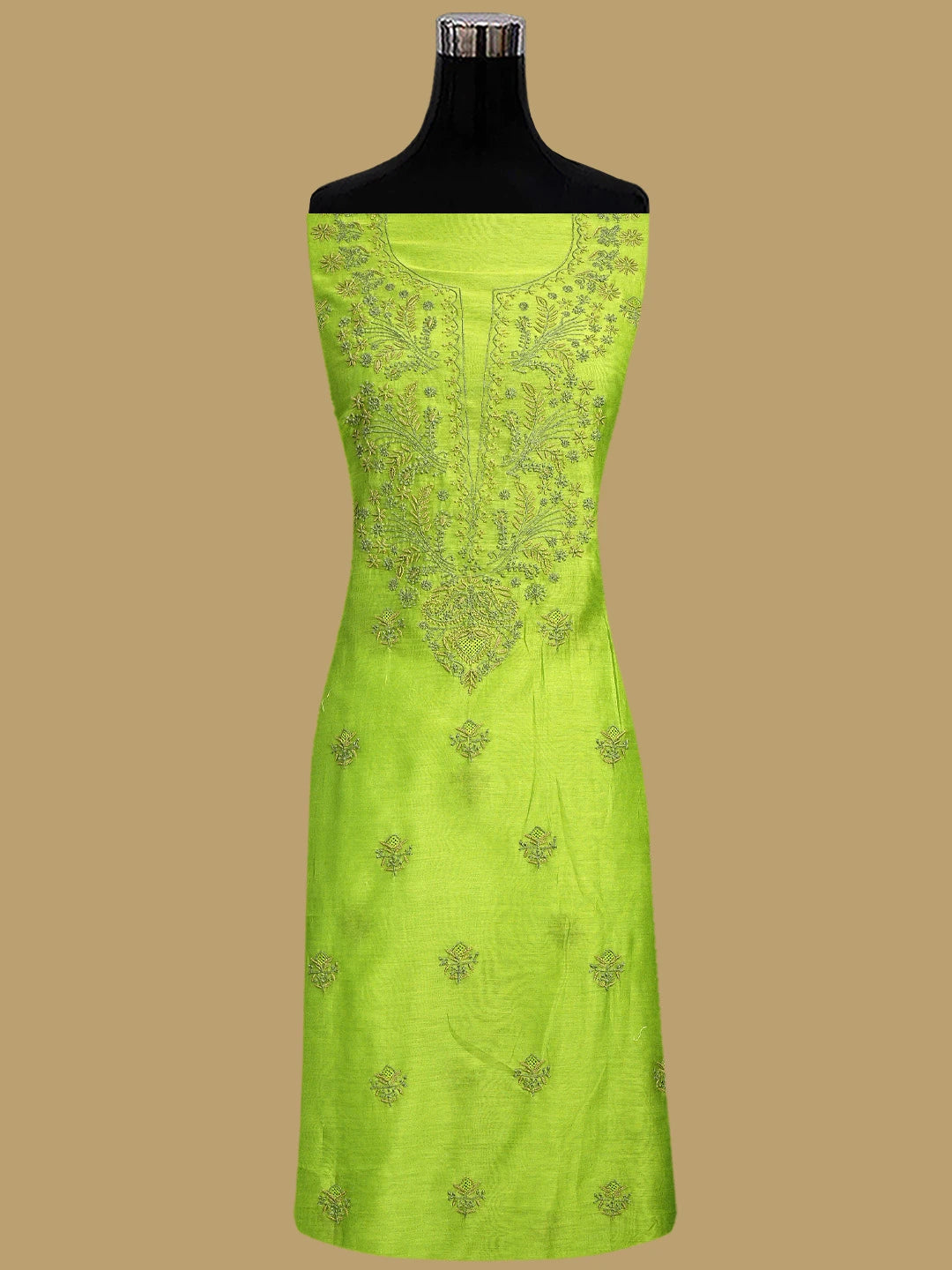 Ada Hand Embroidered Parrot Green Chanderi Lucknowi Chikankari Unstitched Kurta Dupatta Set 01A871229