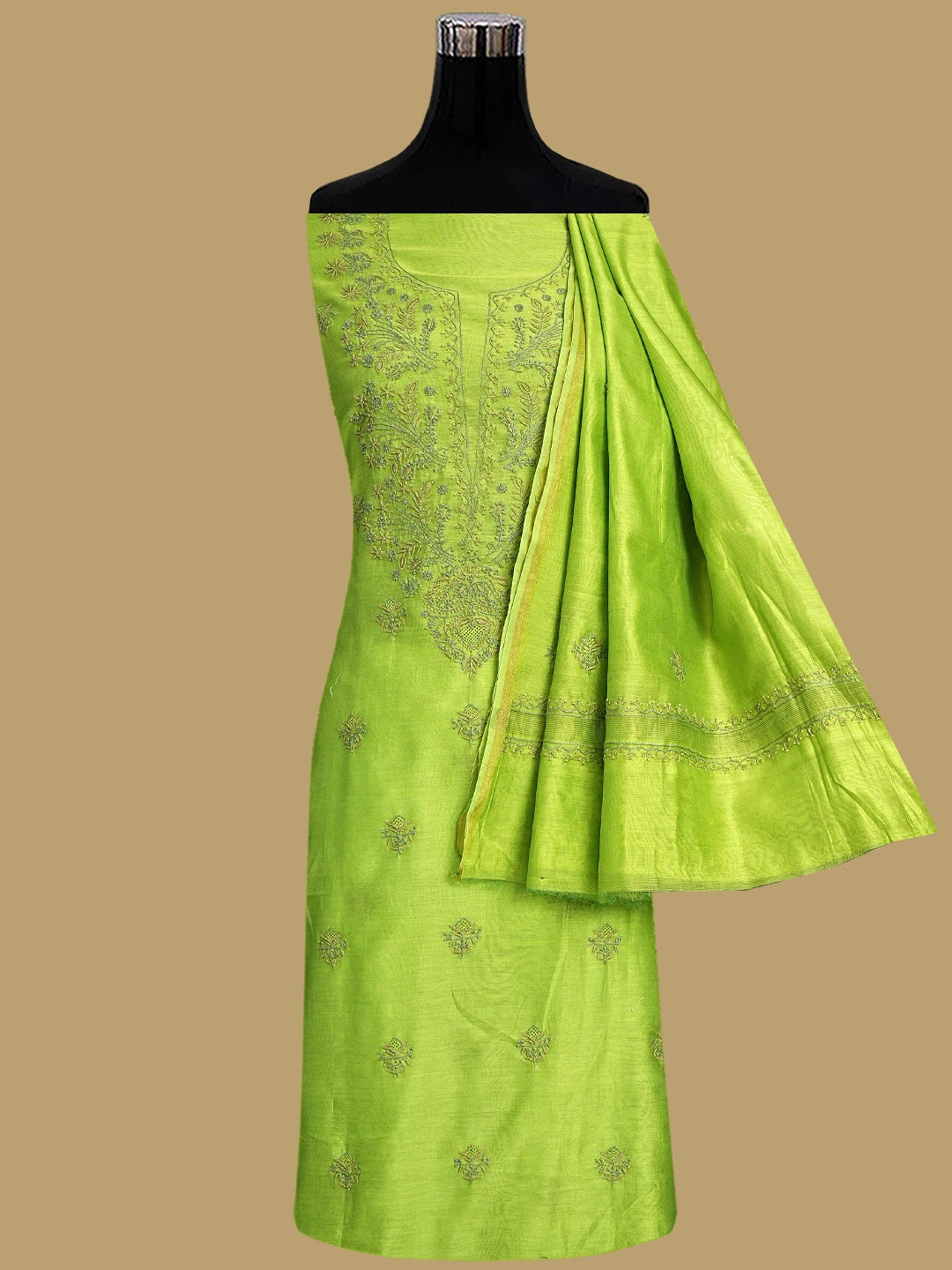 Ada Hand Embroidered Parrot Green Chanderi Lucknowi Chikankari Unstitched Kurta Dupatta Set 01A871229