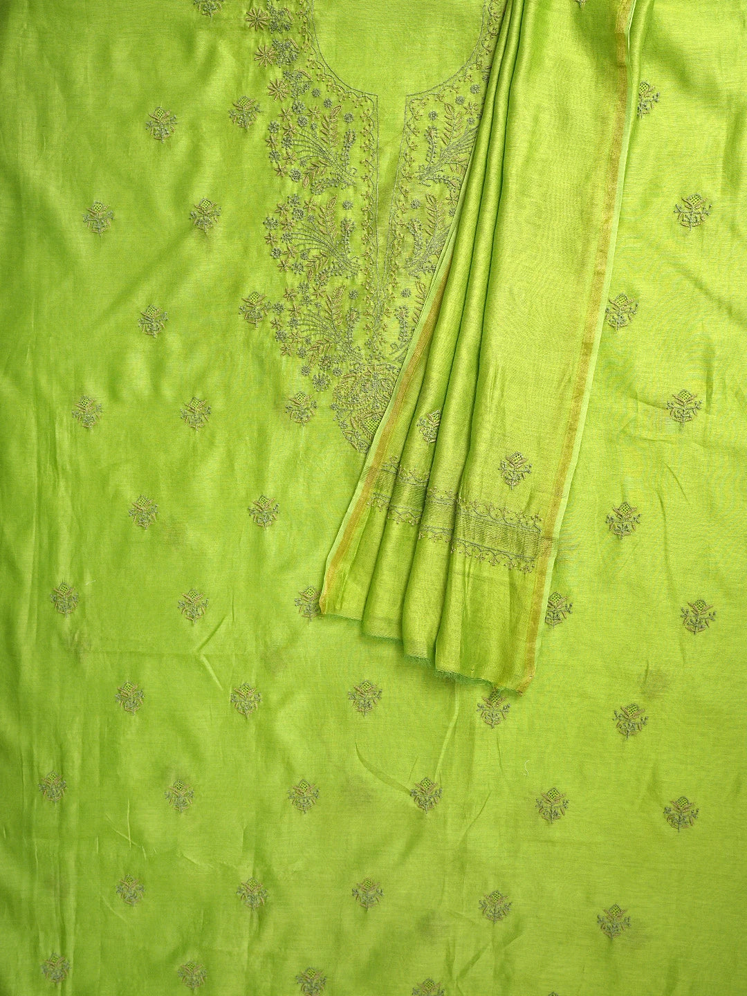 Ada Hand Embroidered Parrot Green Chanderi Lucknowi Chikankari Unstitched Kurta Dupatta Set 01A871229