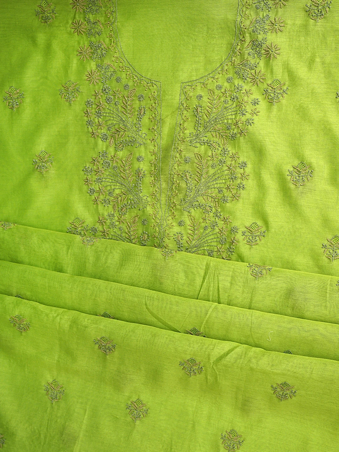 Ada Hand Embroidered Parrot Green Chanderi Lucknowi Chikankari Unstitched Kurta Dupatta Set 01A871229