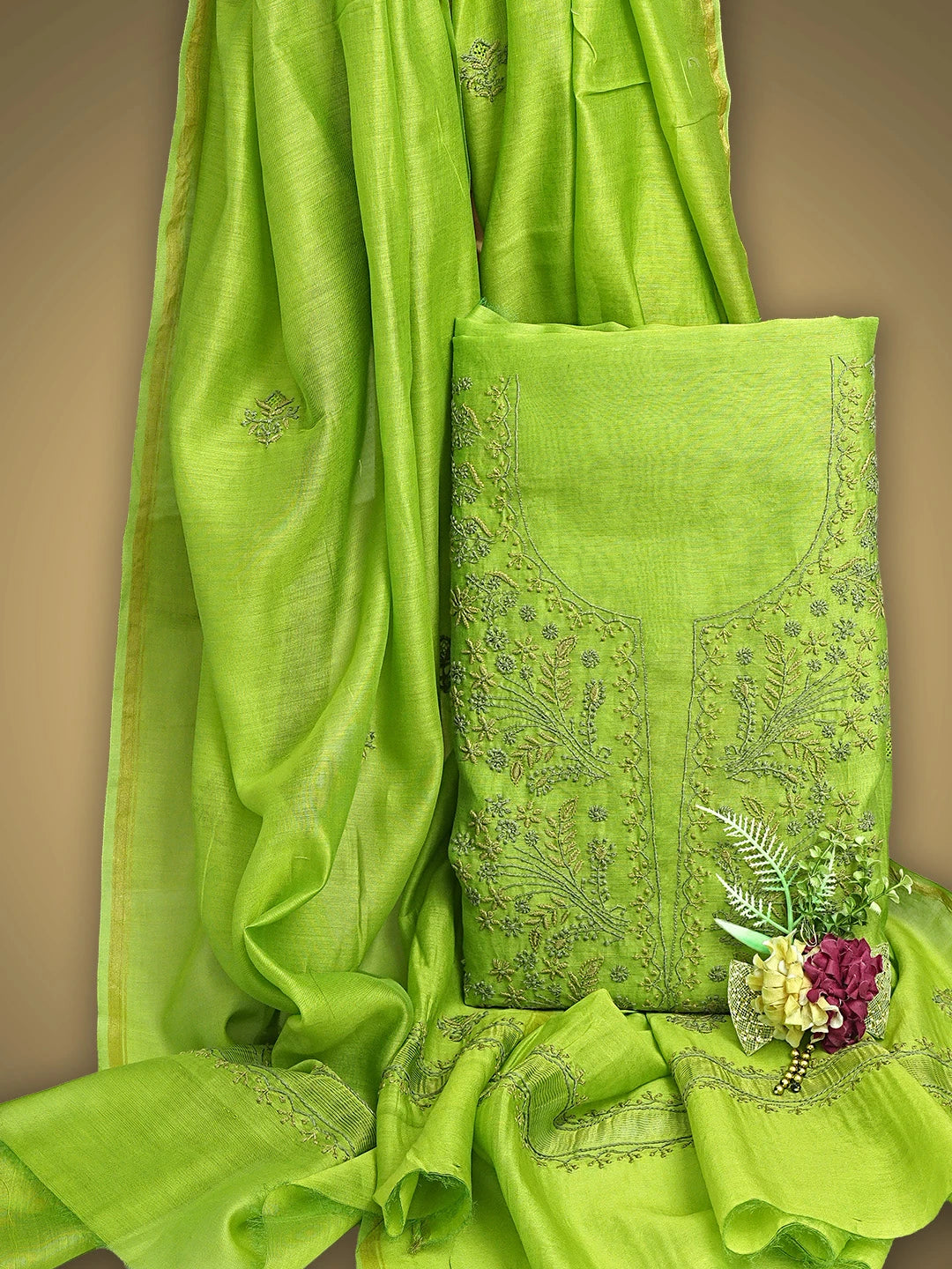 Ada Hand Embroidered Parrot Green Chanderi Lucknowi Chikankari Unstitched Kurta Dupatta Set 01A871229