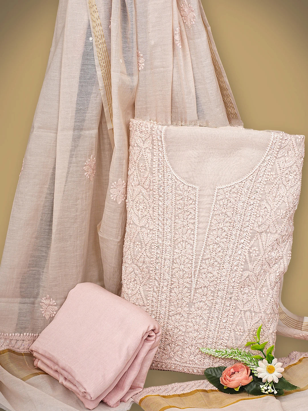 Ada Hand Embroidered Dusty Peach Chanderi Lucknowi Chikankari Unstitched Suit Piece With Cutdana Work 01A937262