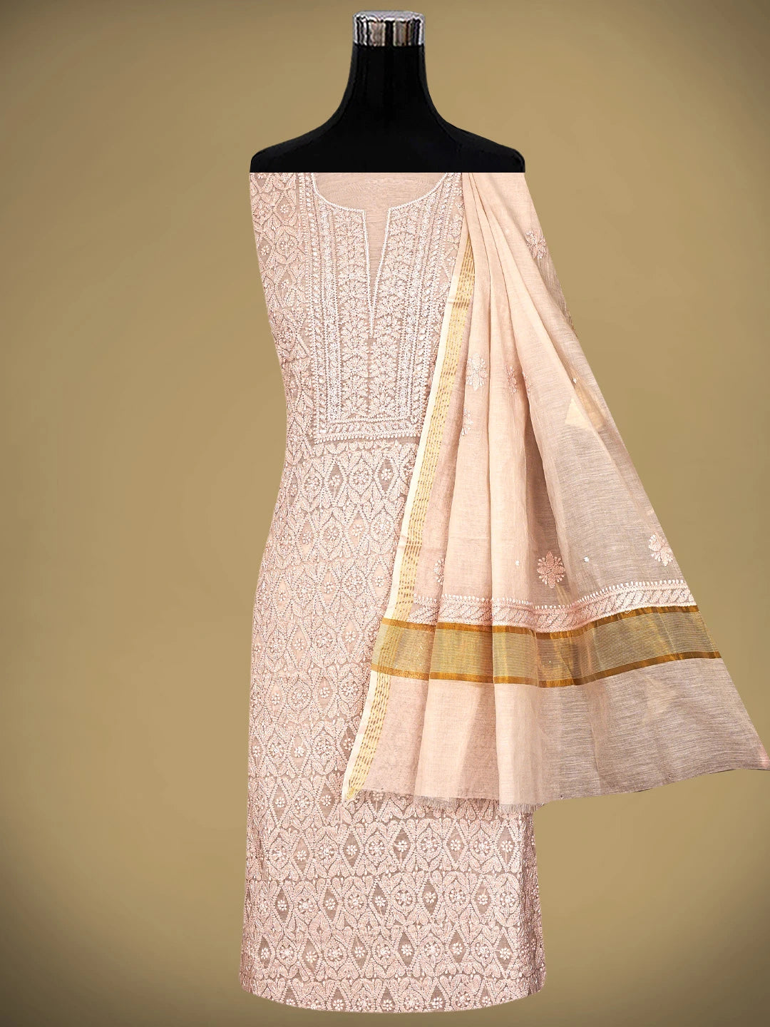 Ada Hand Embroidered Dusty Peach Chanderi Lucknowi Chikankari Unstitched Suit Piece With Cutdana Work 01A937262