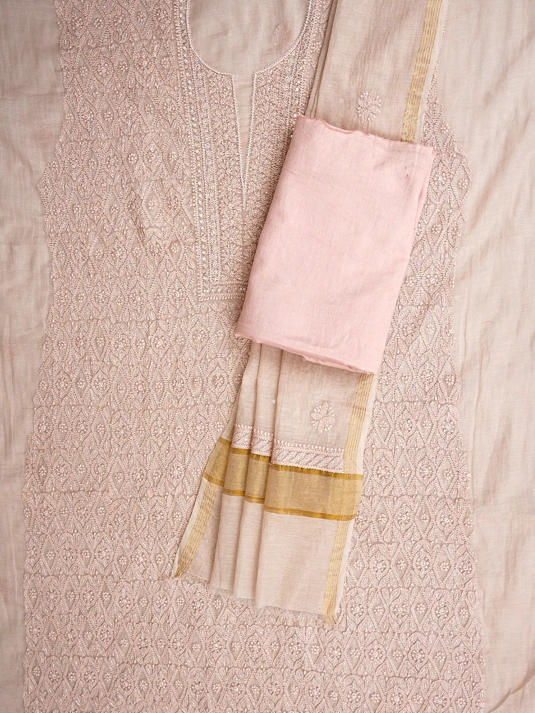 Ada Hand Embroidered Dusty Peach Chanderi Lucknowi Chikankari Unstitched Suit Piece With Cutdana Work 01A937262
