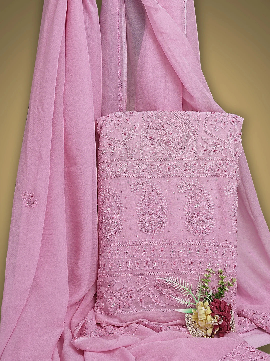 Ada Hand Embroidered Pink Viscose Georgette Lucknowi Chikankari Unstitched Kurta Dupatta Set With Sequinned Work 01A884337