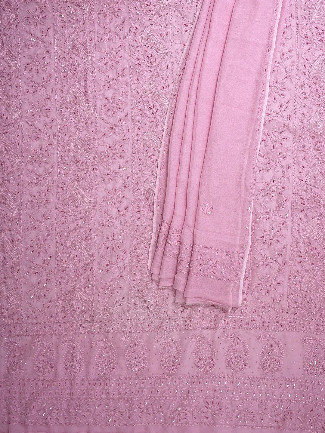 Ada Hand Embroidered Pink Viscose Georgette Lucknowi Chikankari Unstitched Kurta Dupatta Set With Sequinned Work 01A884337