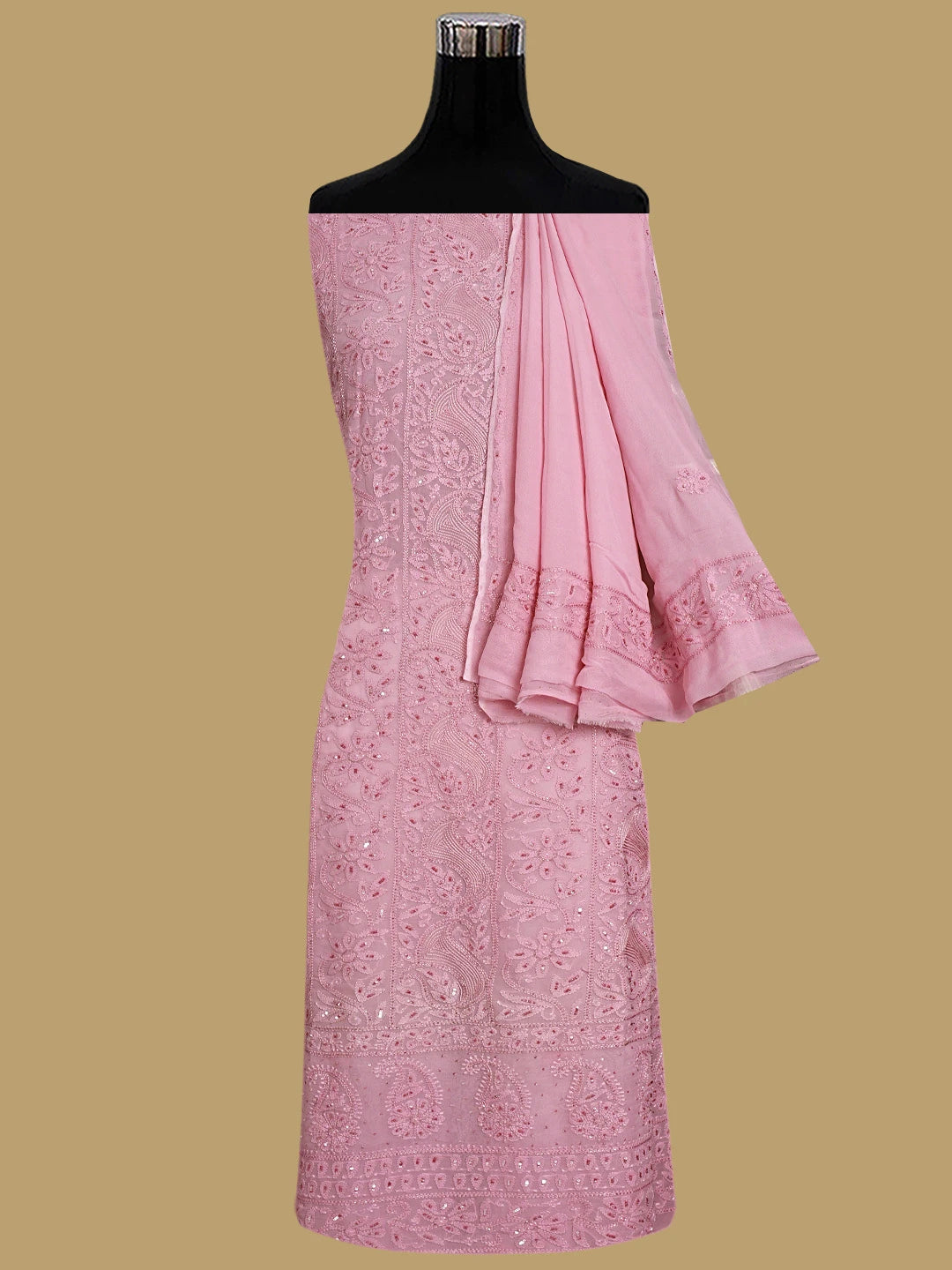 Ada Hand Embroidered Pink Viscose Georgette Lucknowi Chikankari Unstitched Kurta Dupatta Set With Sequinned Work 01A884337