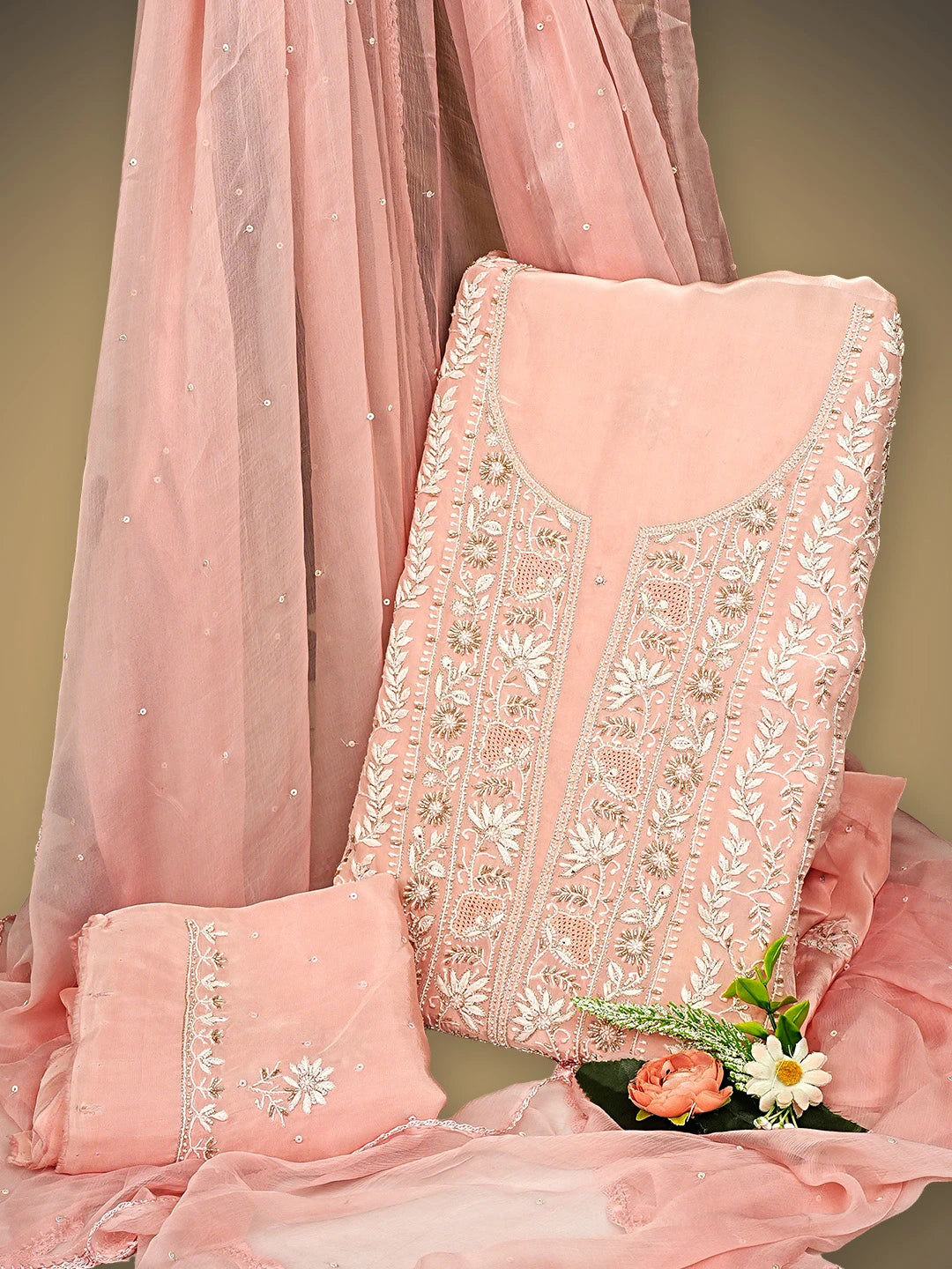 Ada Hand Embroidered Peach Nectar Crepe  Lucknowi Chikankari Unstitched Suit Piece With Cutdana Work 01A856665