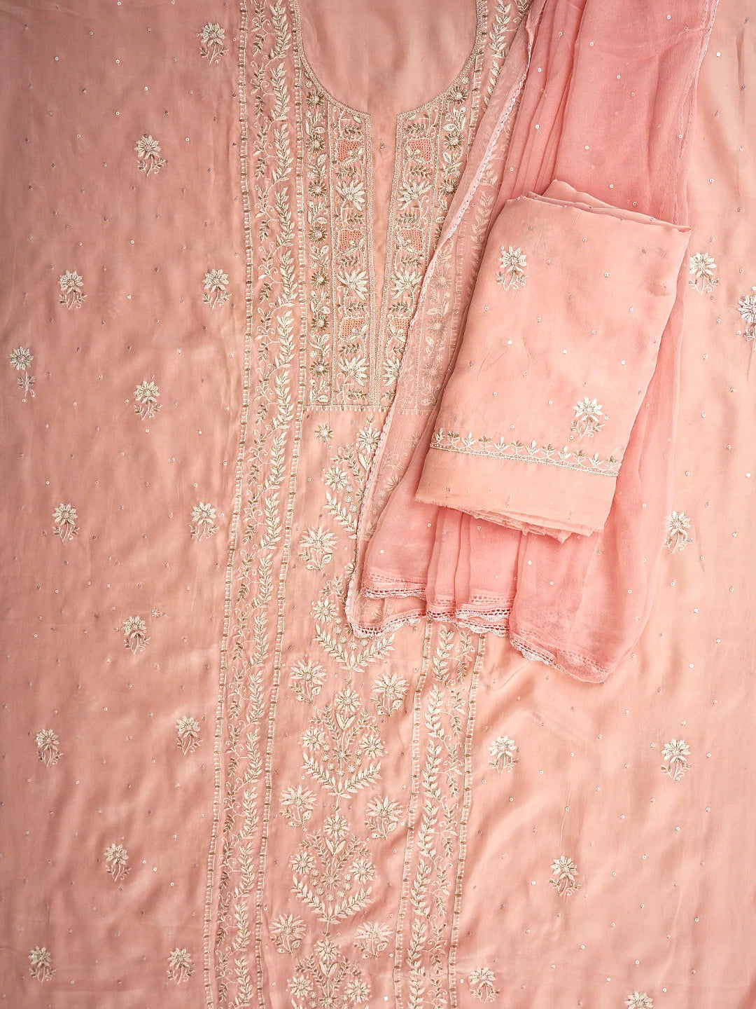 Ada Hand Embroidered Peach Nectar Crepe  Lucknowi Chikankari Unstitched Suit Piece With Cutdana Work 01A856665