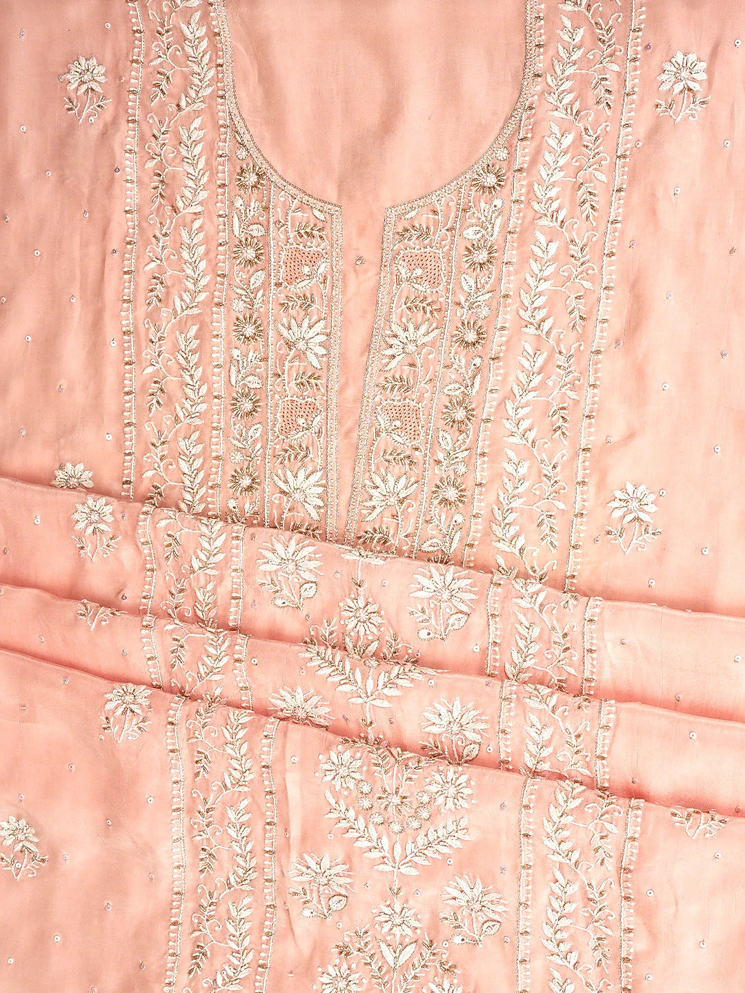 Ada Hand Embroidered Peach Nectar Crepe  Lucknowi Chikankari Unstitched Suit Piece With Cutdana Work 01A856665