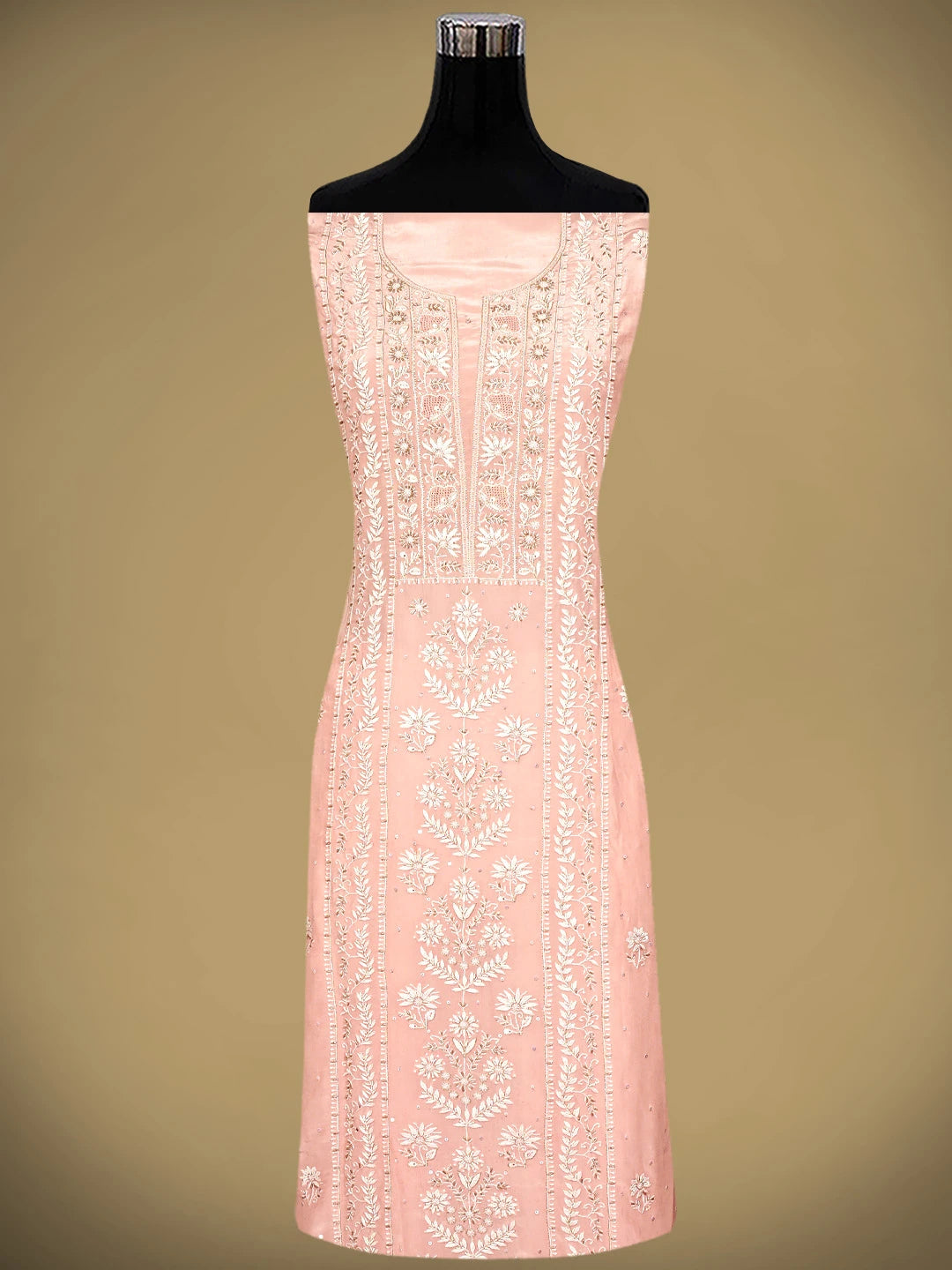 Ada Hand Embroidered Peach Nectar Crepe  Lucknowi Chikankari Unstitched Suit Piece With Cutdana Work 01A856665