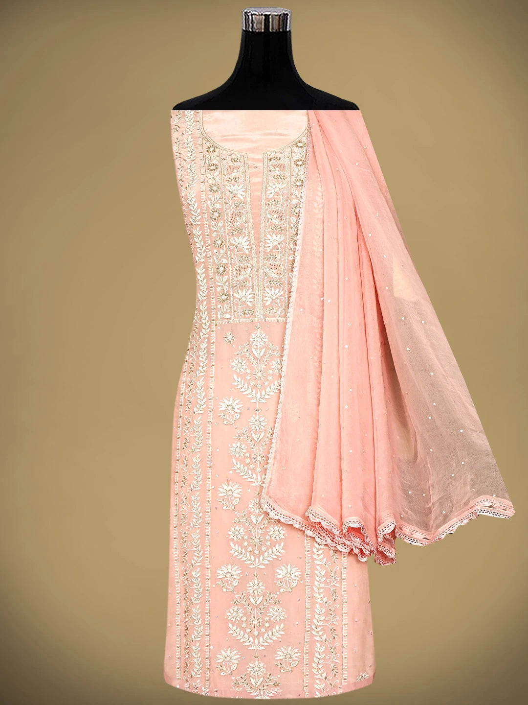 Ada Hand Embroidered Peach Nectar Crepe  Lucknowi Chikankari Unstitched Suit Piece With Cutdana Work 01A856665