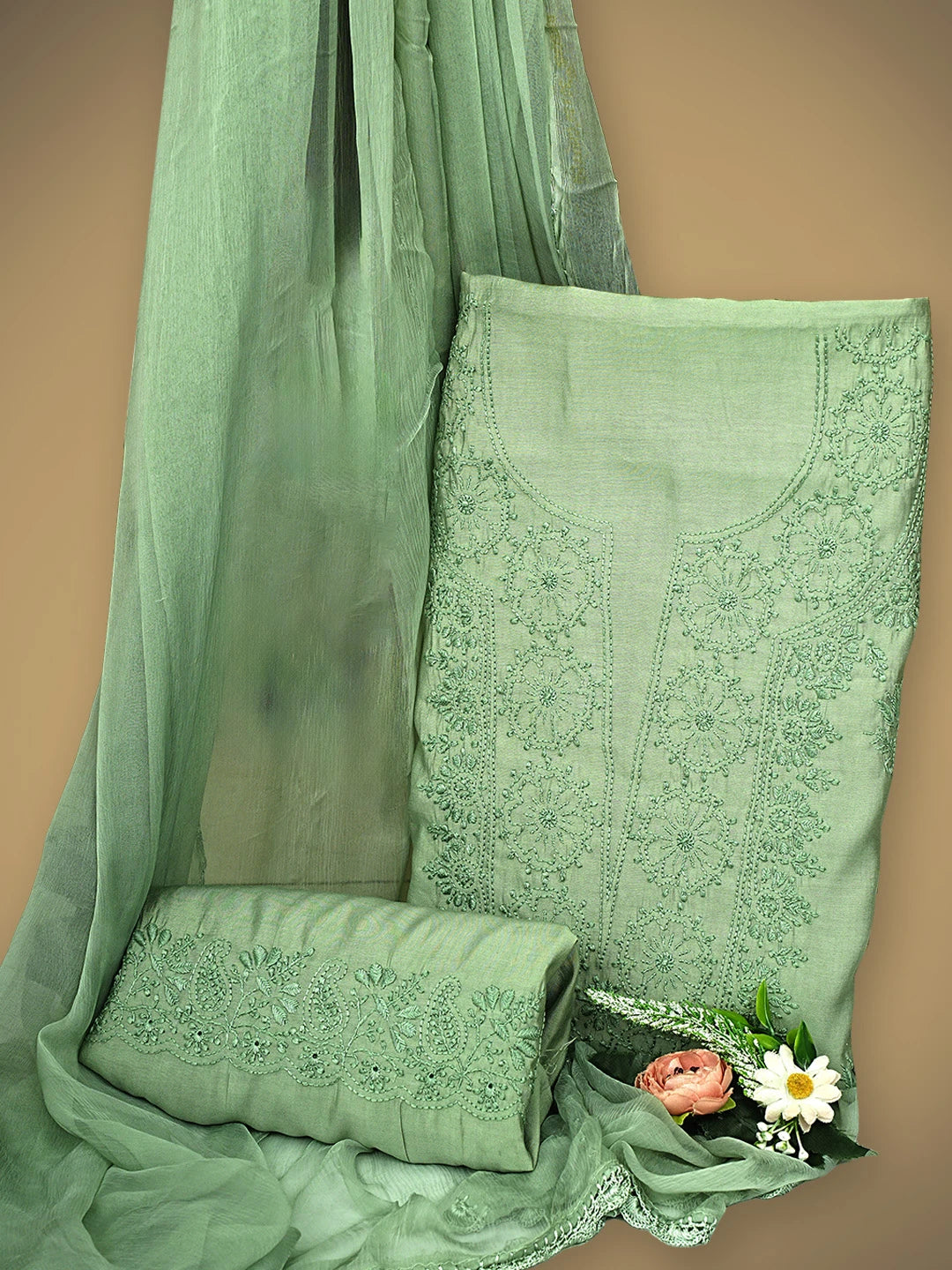 Ada Hand Embroidered Muted Olive Green Chanderi Silk Lucknowi Chikankari Unstitched Suit Piece 01A935622