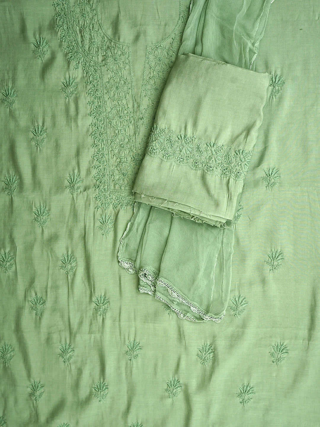 Ada Hand Embroidered Muted Olive Green Chanderi Silk Lucknowi Chikankari Unstitched Suit Piece 01A935622