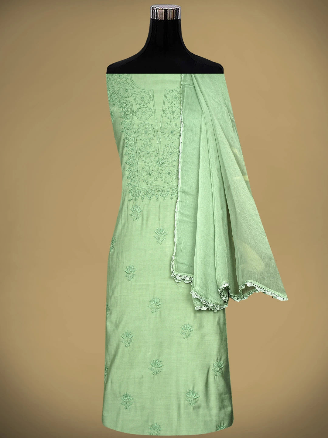 Ada Hand Embroidered Muted Olive Green Chanderi Silk Lucknowi Chikankari Unstitched Suit Piece 01A935622