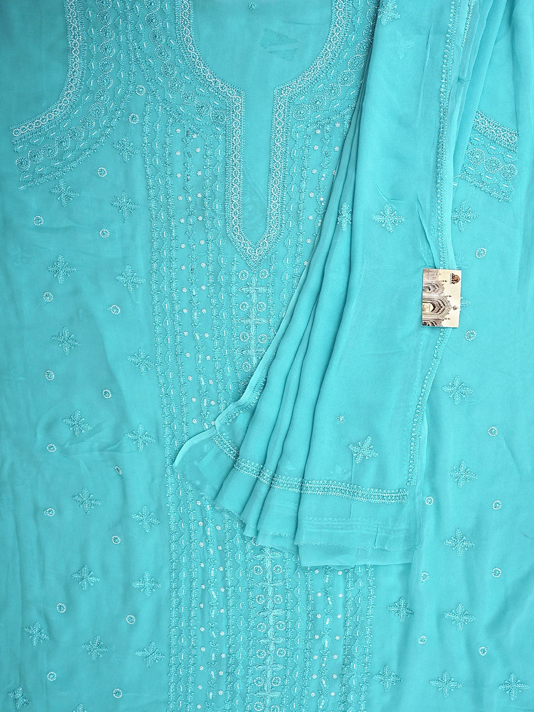 Ada Hand Embroidered Sky Blue Viscose Georgette Lucknowi Chikankari Unstitched Kurta Dupatta Set With Pearl Work 01A922552